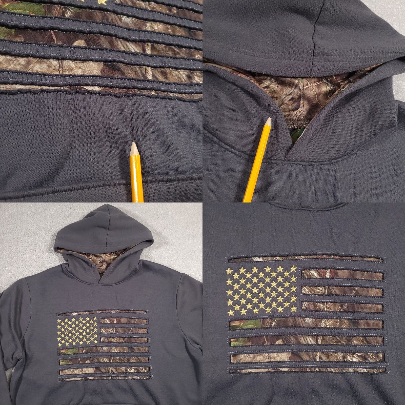 Vintage Mossy Oak Flag Hoodie Pullover Kangaroo Pockets Mens M Black/Gray Patriotic Shirt Size US M / EU 48-50 / 2 - 8 Thumbnail