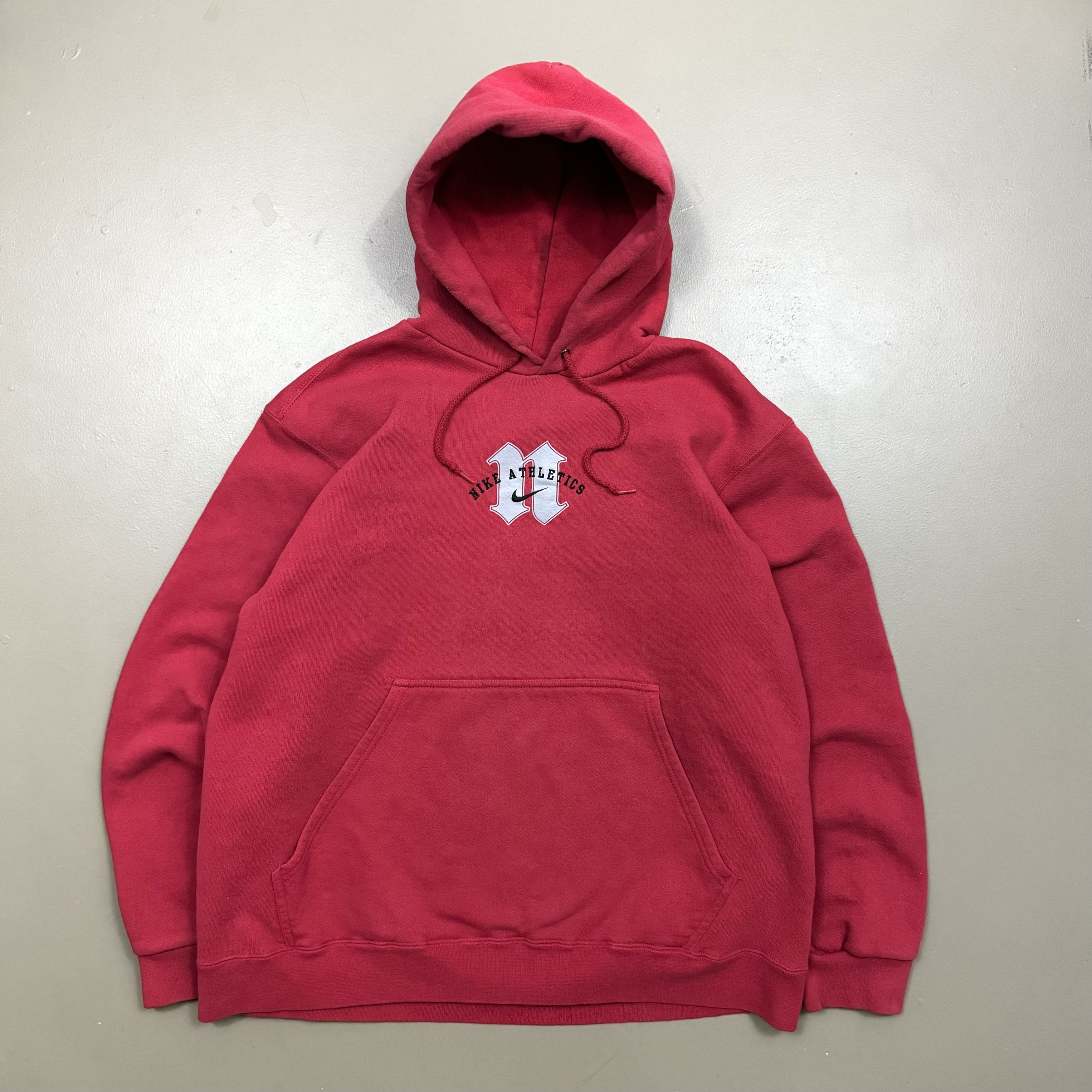 image of VTG 90's Nike Athletics Mini Swoosh Center Check Hoodie in Red, Men's (Size Large)