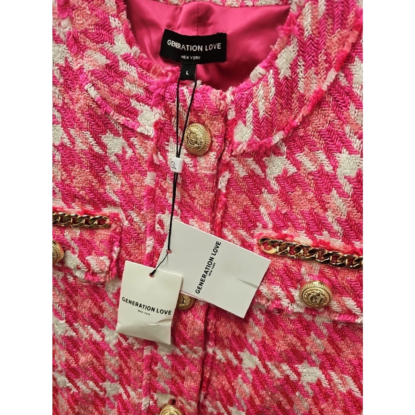 Generation Love VINTAGE Generation Love Pink Tweed Gold Button Blazer Jacket Blazer Womens L Pink 19 Chest 20 Length Size L / US 10 / IT 46 - 2 Thumbnail