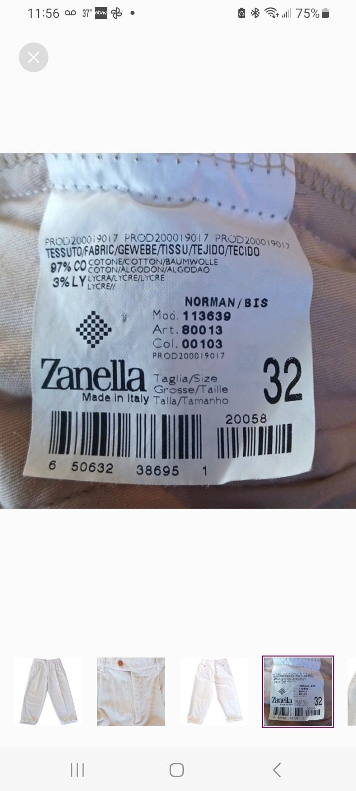 ZANELLA ©️2000 Men's White Corduroy Pants