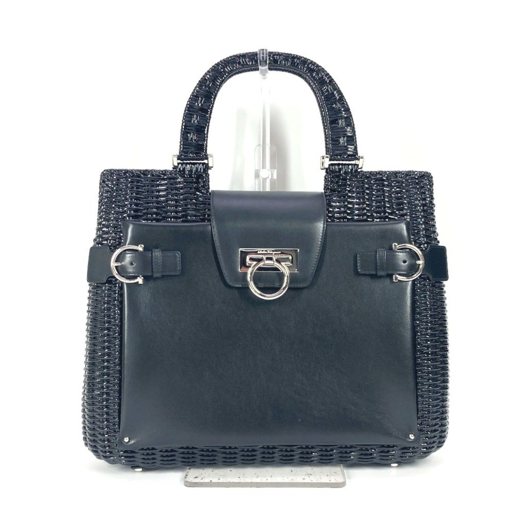 Salvatore Ferragamo Gancini Logo Tote Bag Handbag Straw Leather Women's Black