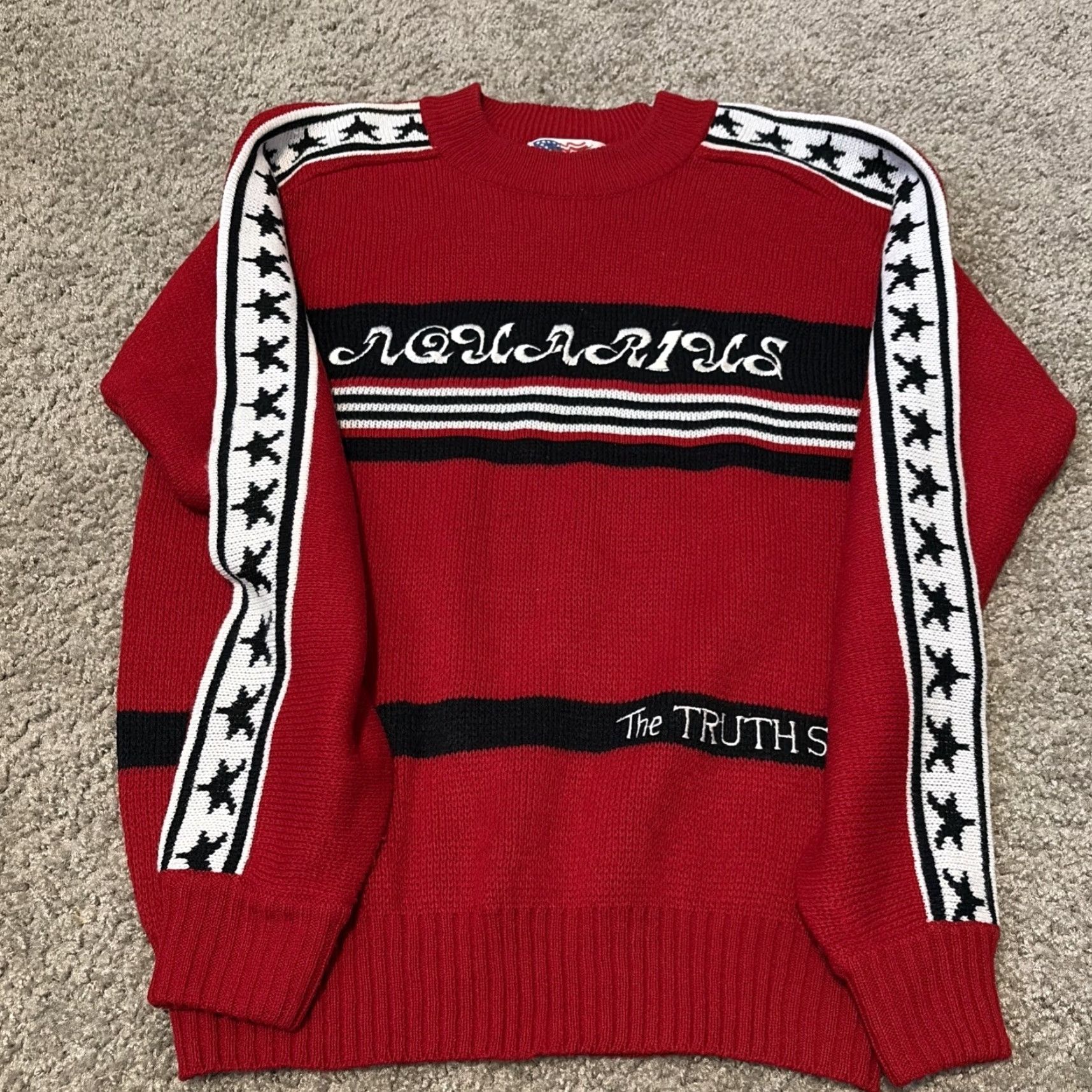 Vintage VINTAGE 80s Aquarius Embroidered Acrylic Knit Red Black White Sweater Medium Unisex Adults Mo Mo Fashion Inc Pullover Embroidered Knit Size US M / EU 48-50 / 2 - 3 Thumbnail