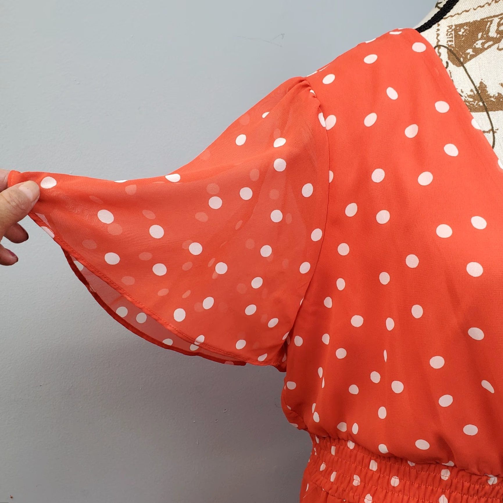 Vintage Danny and Nicole Womens 16 Orange & White Polka Dot Tiered Dress Midi Smocked Waist V-Neck Flutter Sleeve Short Sleeve Casual Party/Cocktail Size XXL / US 16-18 / IT 52-54 - 7 Thumbnail