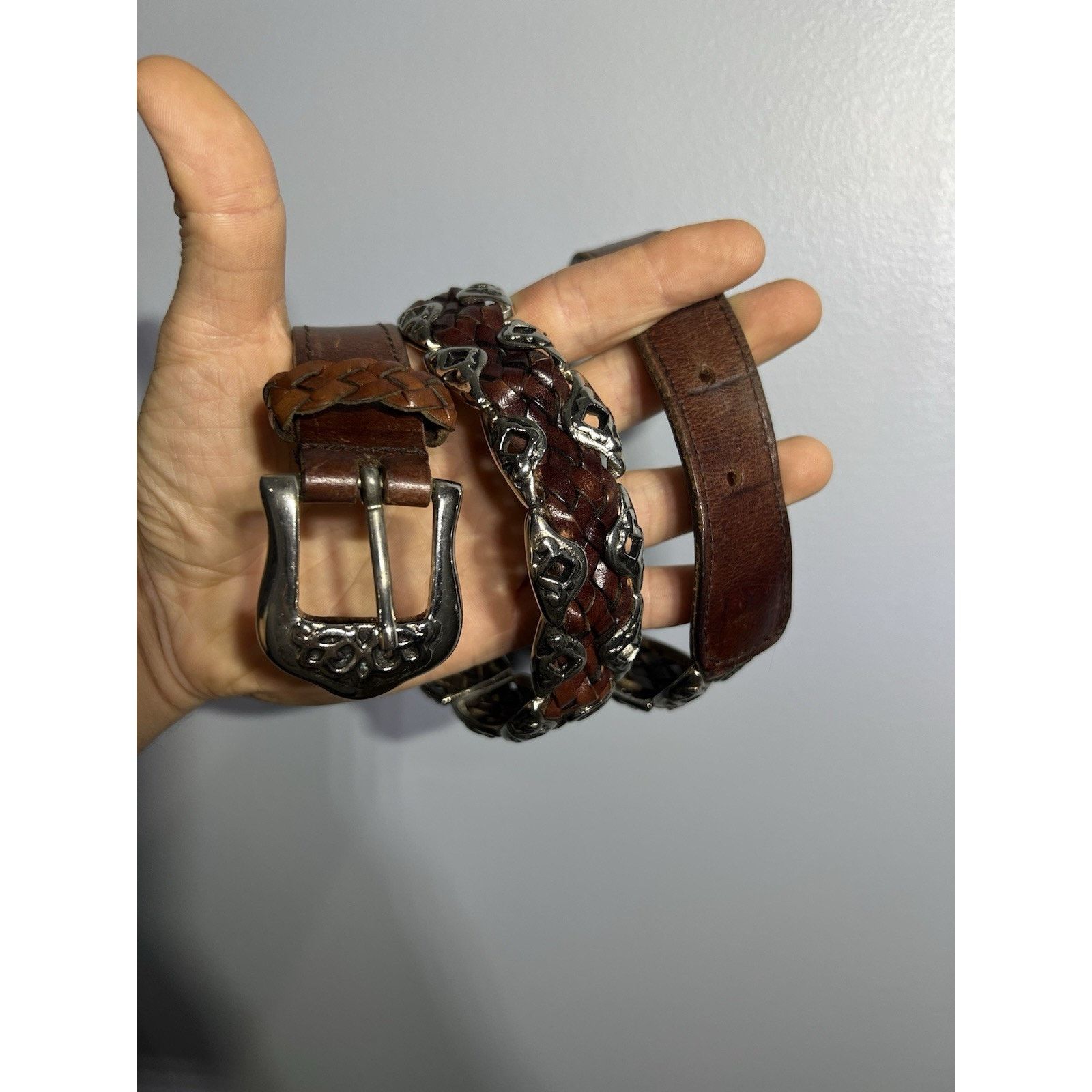 Tribal Streetwear Capezio S/M Belt Woven Leather and Silver Brass Link Brown Size ONE SIZE - 4 Thumbnail