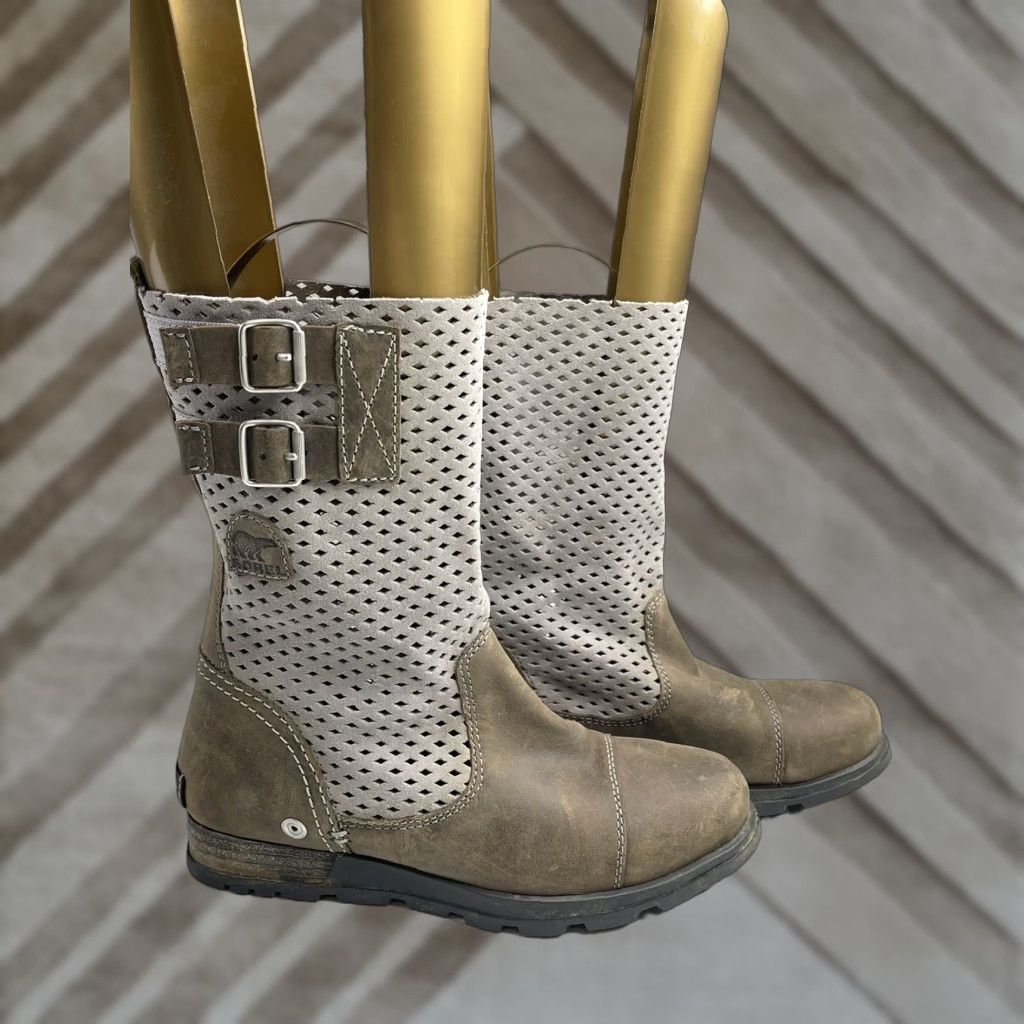 SOREL Sorel Major Pull On Boot Womens 7 Gray Leather Mid-Calf Buckle Laser Cut Perforated Casual Travel Size US 7 / IT 37 - 1 Thumbnail