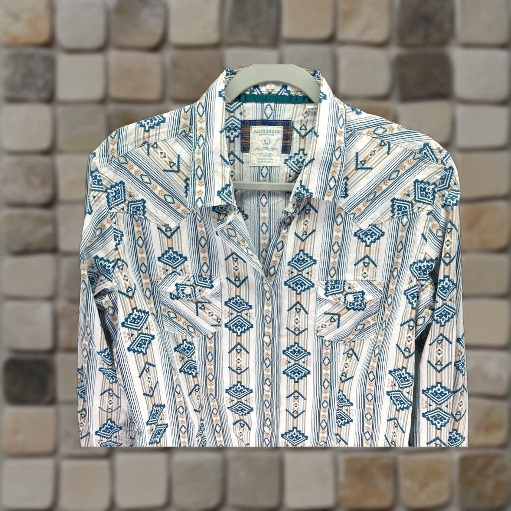 Vintage Panhandle Slim Rough Stock Aztec Pearl Snap Shirt Women Large Green Long Sleeve Size L / US 10 / IT 46 - 1 Thumbnail