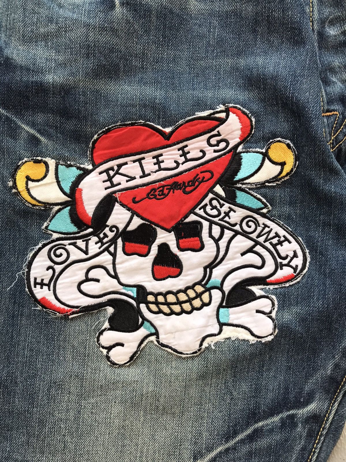 Ed Hardy × Vintage Vintage Edhardy skull 💀 embroidered denim jort Size US 32 / EU 48 - 4 Thumbnail