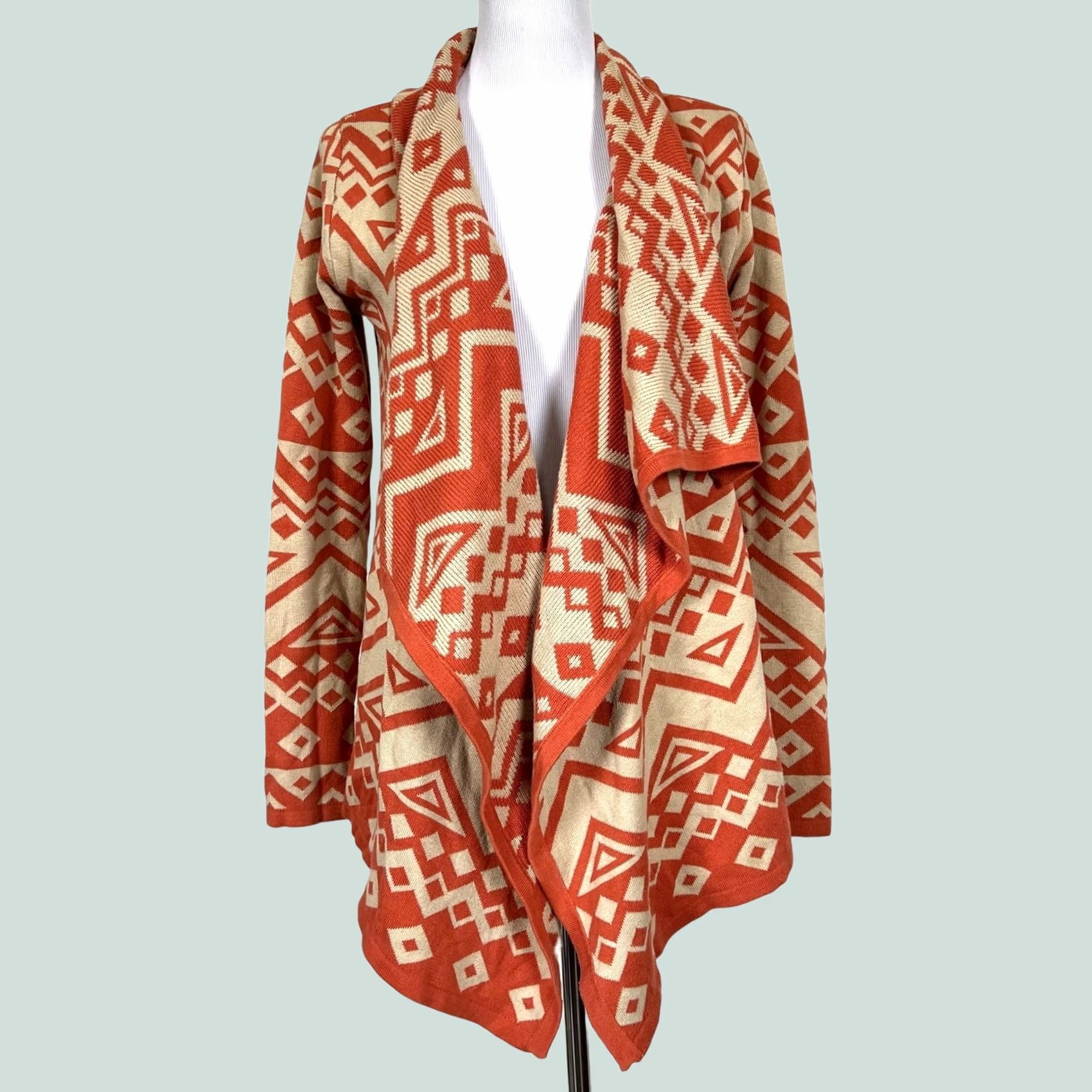 Vintage THML Cardigan Geometric Orange Beige Sweater Open Front Waterfall Women Sz S Size S / US 4 / IT 40 - 1 Thumbnail