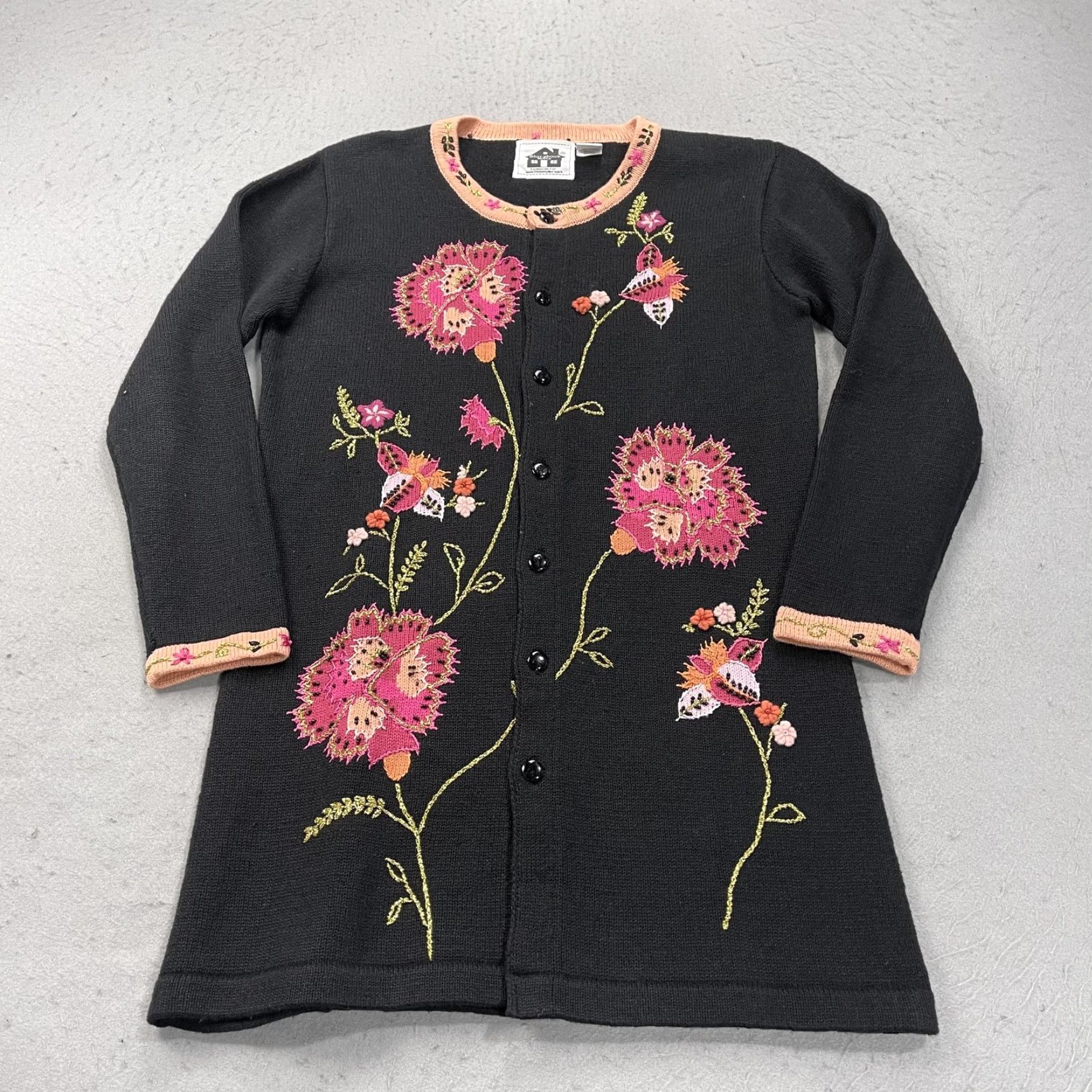 Vintage Storybook Knits Cardigan Sweater Women's Black Floral Embroidered Button-Front Crew Neck Small Knit Autumn Fall - Mens? Size S / US 4 / IT 40 - 2 Thumbnail