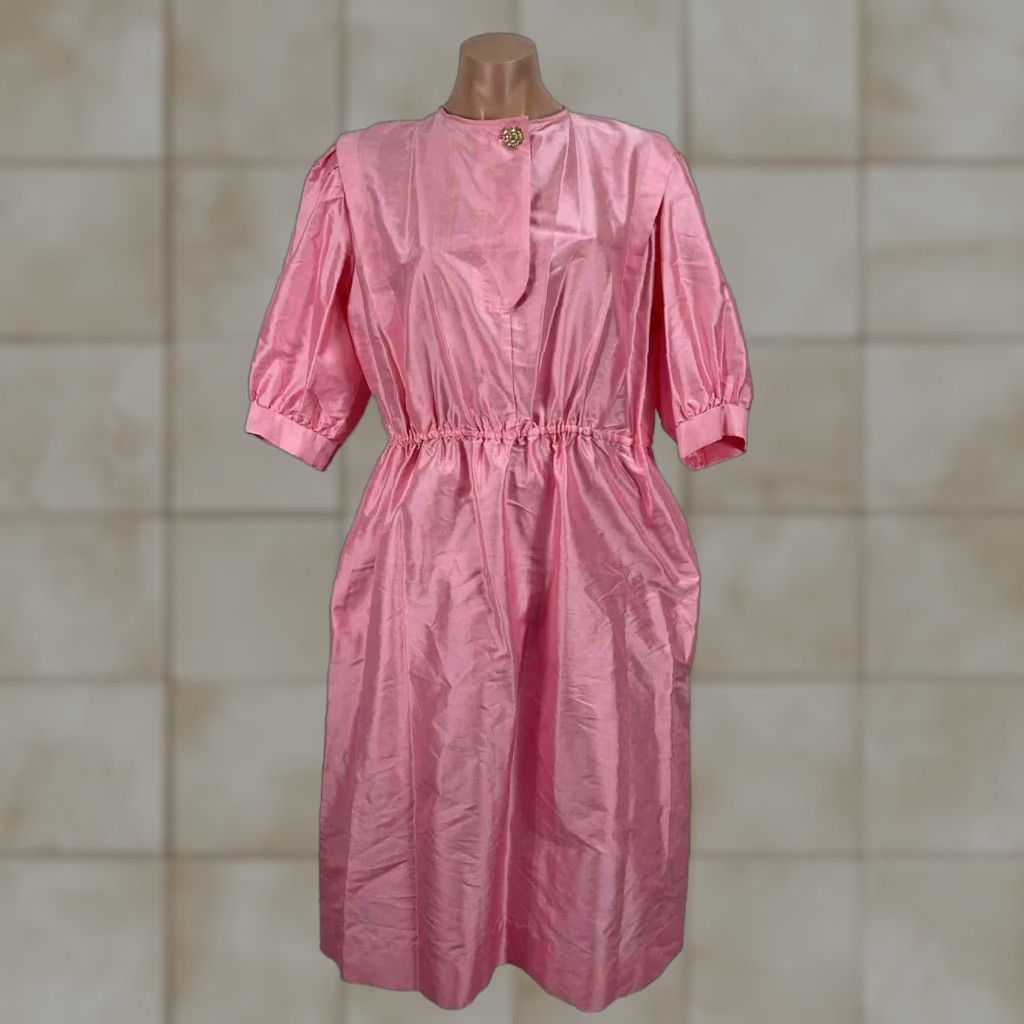 VINTAGE Doris McClellan Tea Dress S Womens Pink 70s 80s Puff Sleeve High  Neck Cocktail Dress