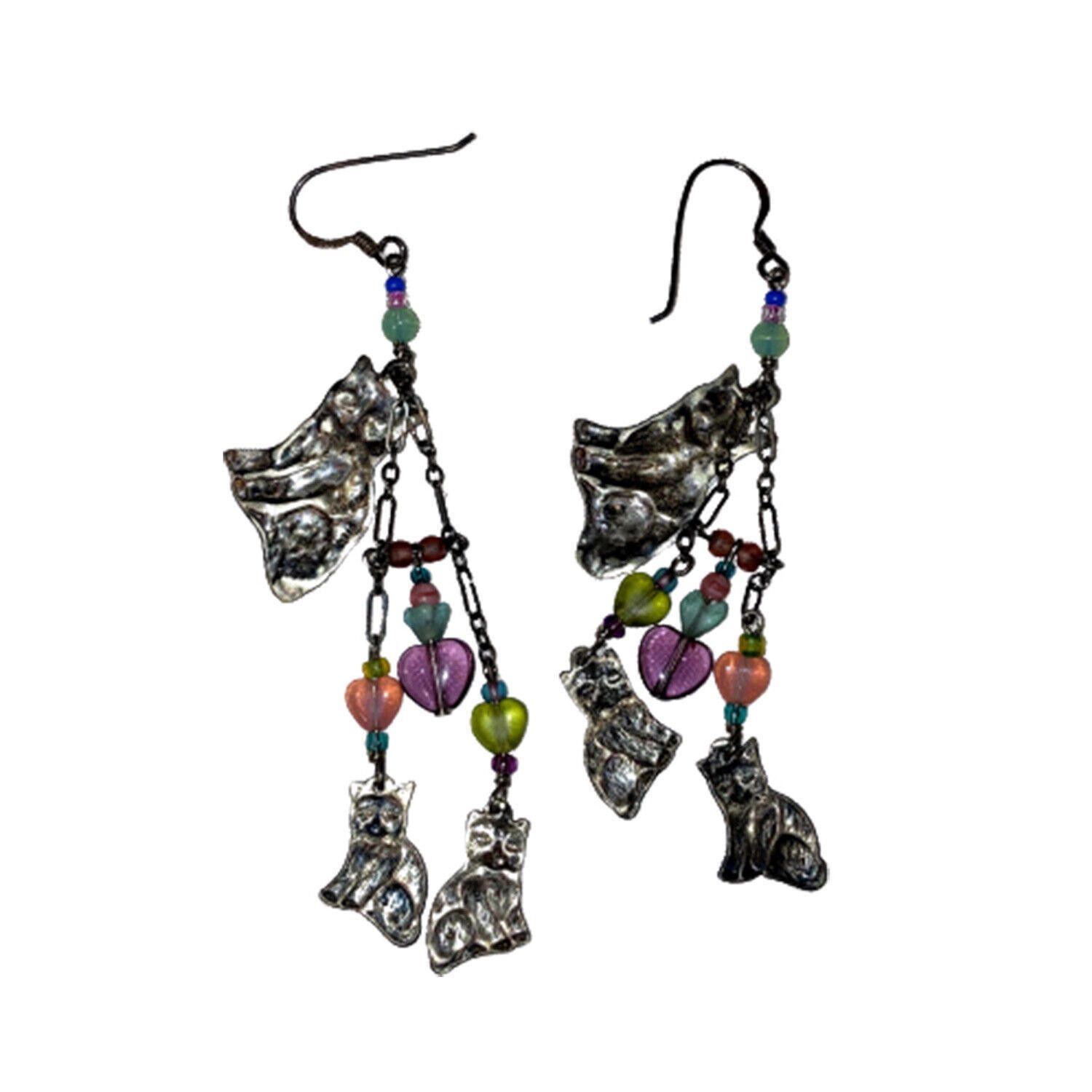 Designer Sterling Silver Artisan Kitty Cat Chandelier Earrings Size ONE SIZE - 5 Thumbnail