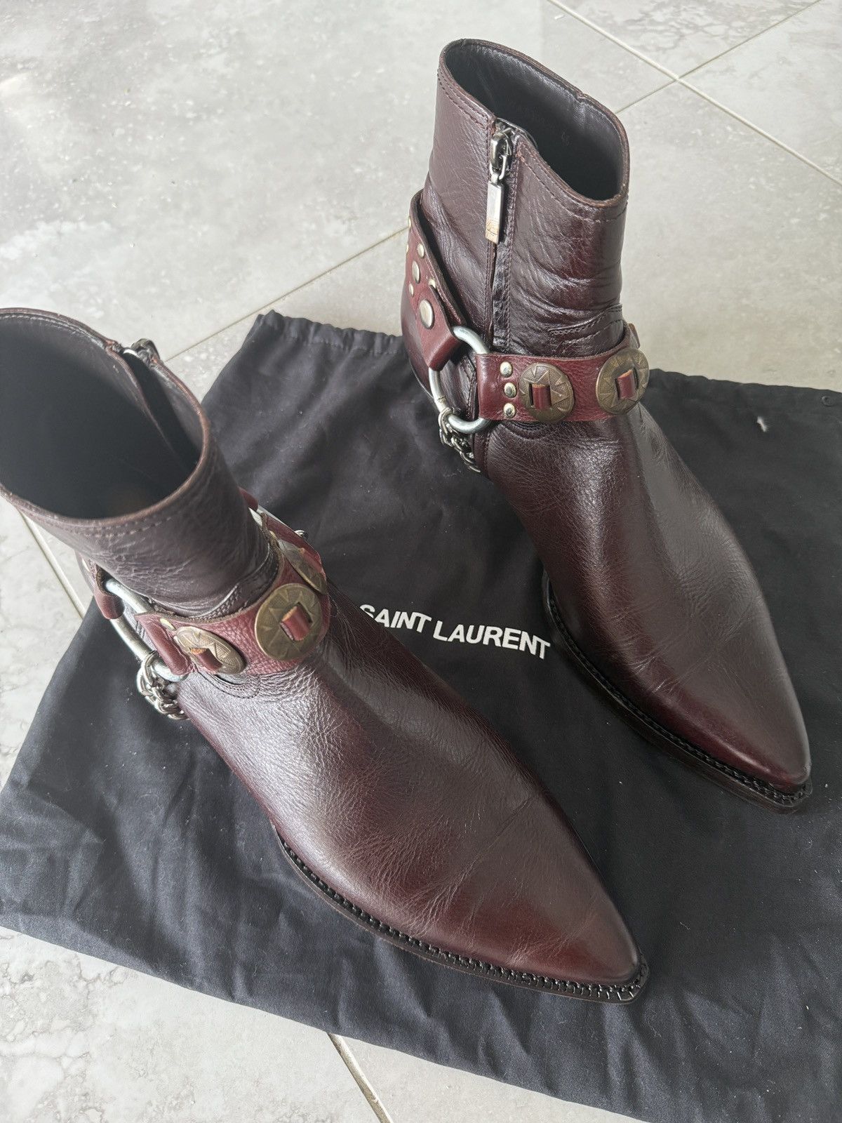 Saint Laurent Paris Spectacular Dark Cherry LUKAS Boots Santiag Harness Size US 13 / EU 46 - 7 Thumbnail