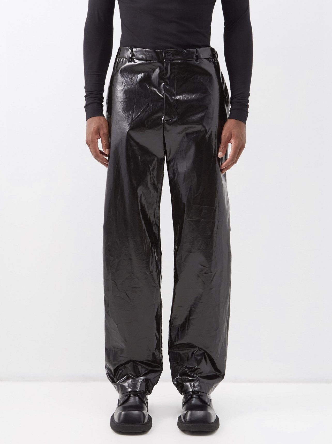 image of Balenciaga Crinkled Coated Cotton-Blend Trousers in Black, Men's (Size 30)