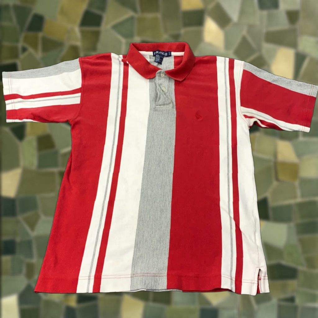 VINTAGE Nautica Polo Shirt Mens Large Red Vertical Striped 90s Cotton