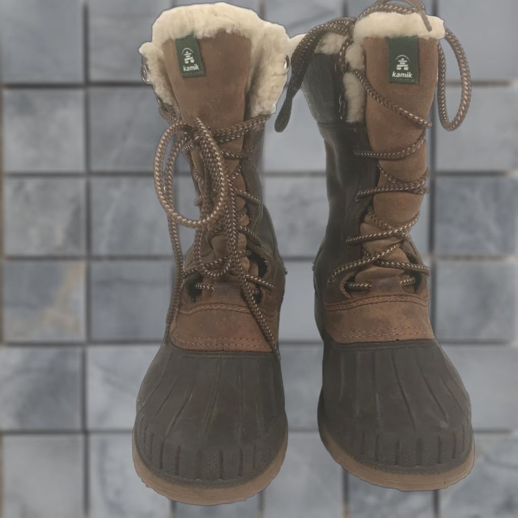 Vintage Kamik Siennah Womens Boot Brown Leather Lace Up Mid-Calf Faux Fur Lined Waterproof Non-Slip 3M Thinsulate Winter Boots 8 M Women Size M / US 6-8 / IT 42-44 - 1 Thumbnail
