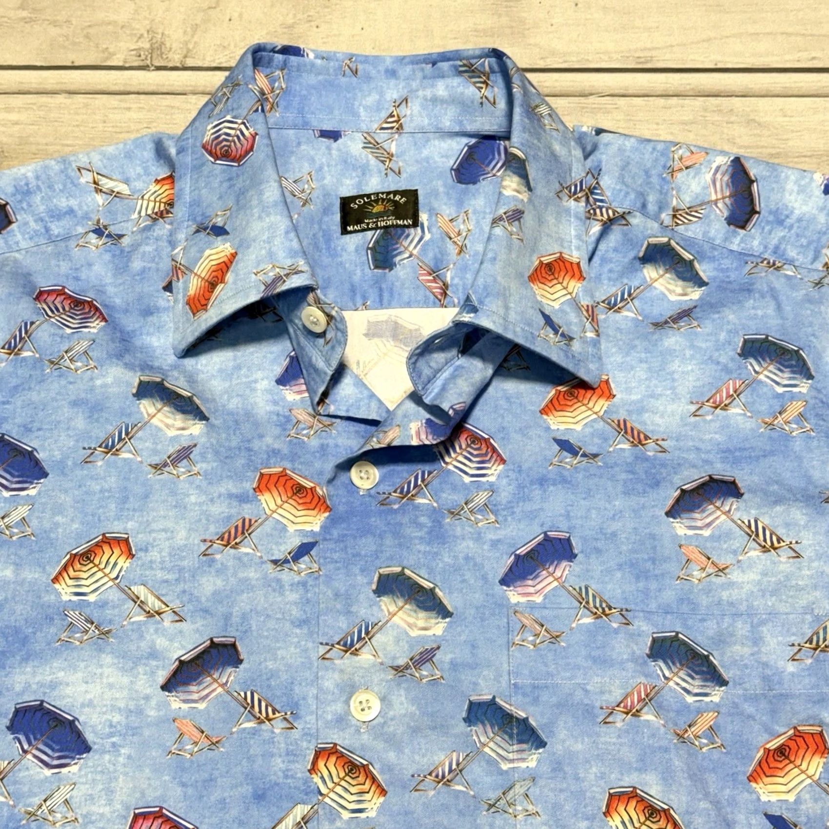 Vintage Solemare Shirt Mens M Blue Beach Umbrella All Over Print Italy Front Pockets Button-Up Collared Short Sleeve Graphic Print N/A Size US M / EU 48-50 / 2 - 2 Thumbnail