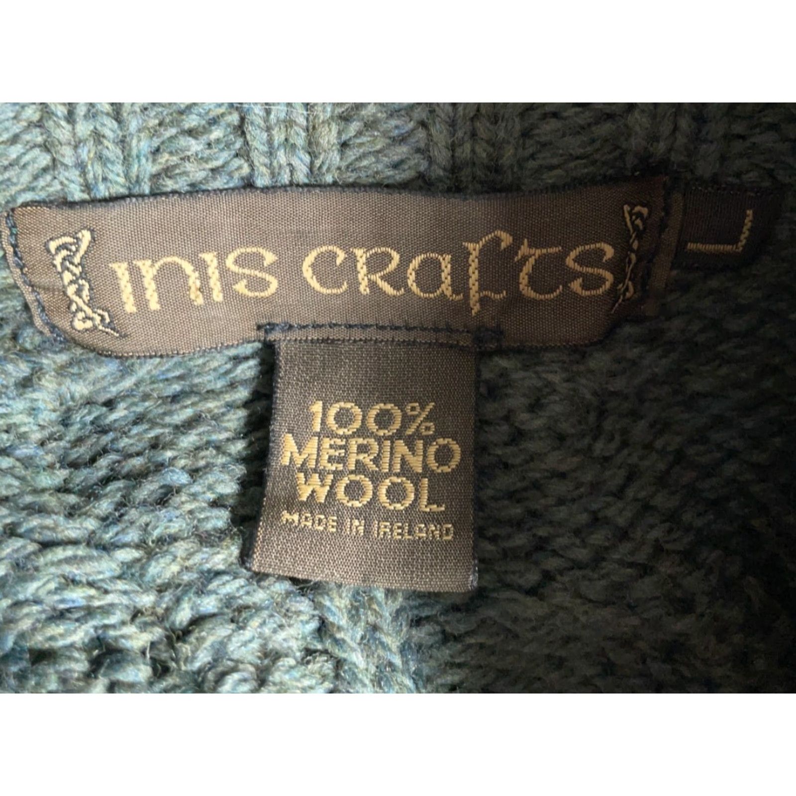 Vintage Inis Crafts Merino Wool Full Zip Sweater Women's Large Green Cable Knit Ireland Size L / US 10 / IT 46 - 3 Thumbnail