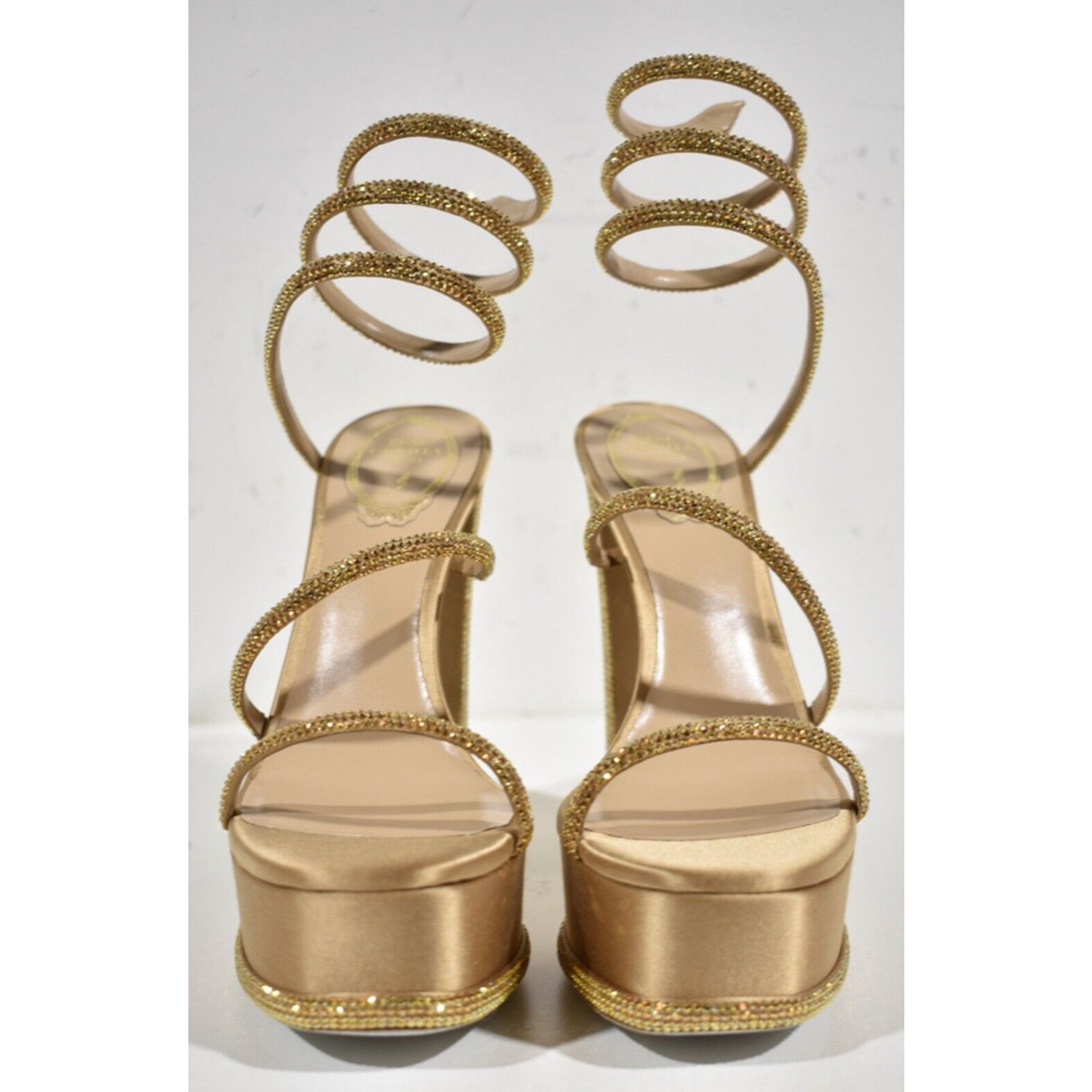 Rene Caovilla Cleo Gold Platform Wrap Strap Sandal Block Heel Pump 38 Size US 8 / IT 38 - 6 Thumbnail
