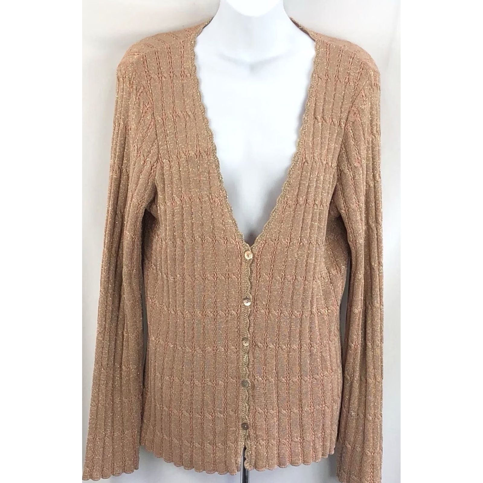 Vintage VINTAGE Stone Silk Knit Cardigan Sweater L Peach Gold Glitter Sparkle Crochet Lagenlook Bohemian City Classic Grunge academia Women Cardigan Size L / US 10 / IT 46 - 5 Thumbnail
