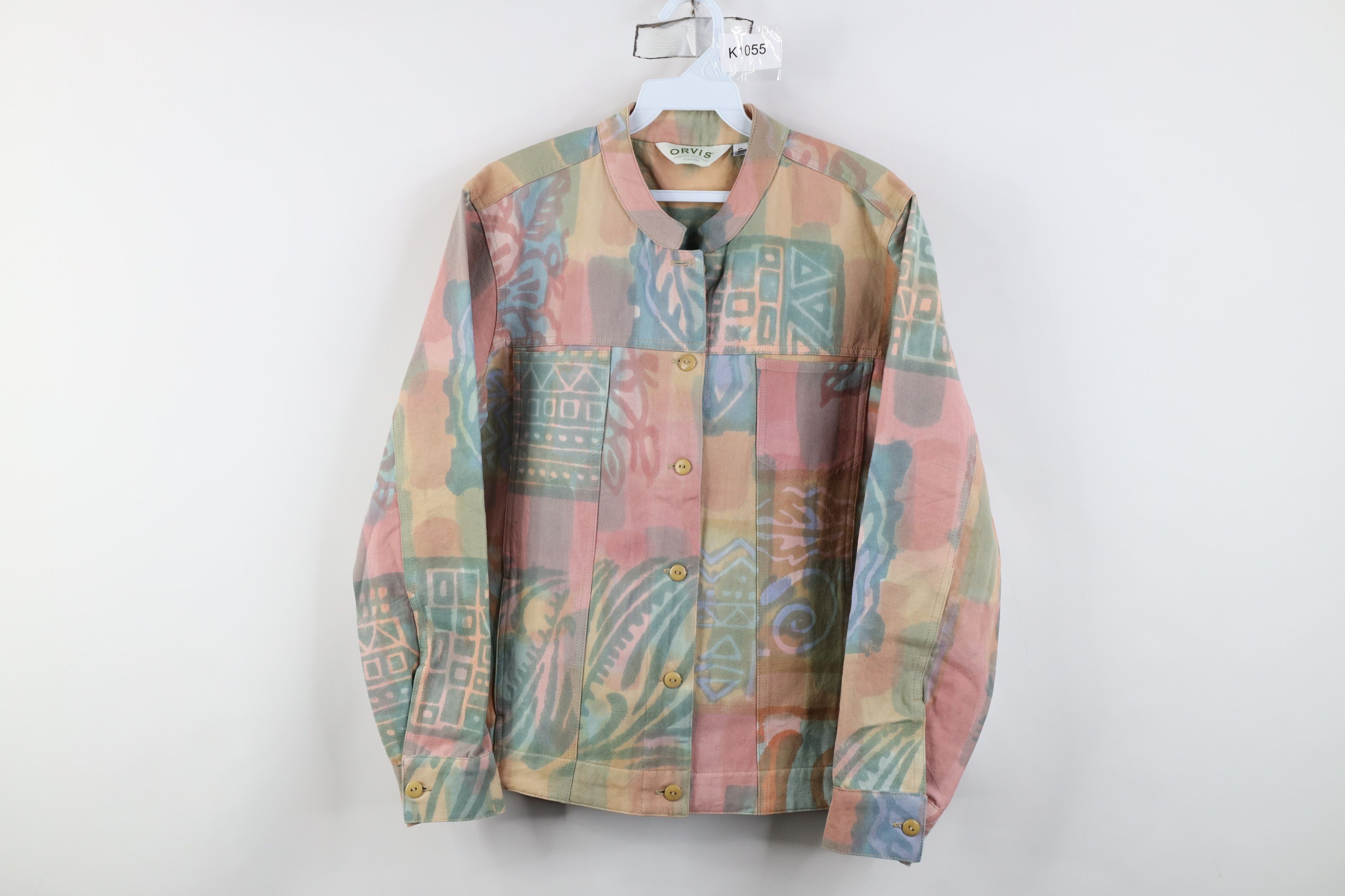 Orvis Vintage 90s Orvis Pastel Band Collar Denim Trucker Jacket Size S / US 4 / IT 40 - 1 Thumbnail