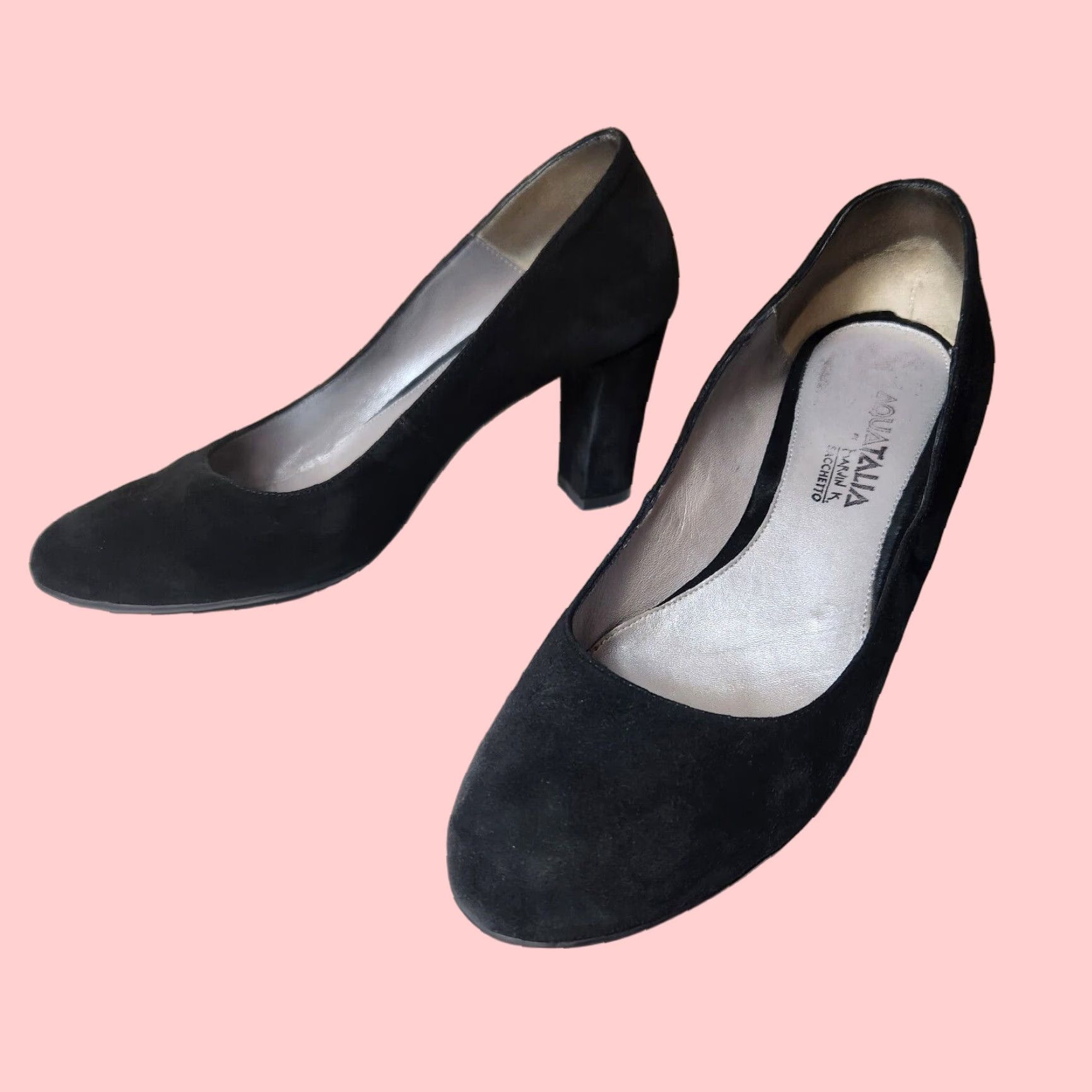 AQUATALIA Black Suede Block Heel Pumps, Size 8, Almond Toe, Slip