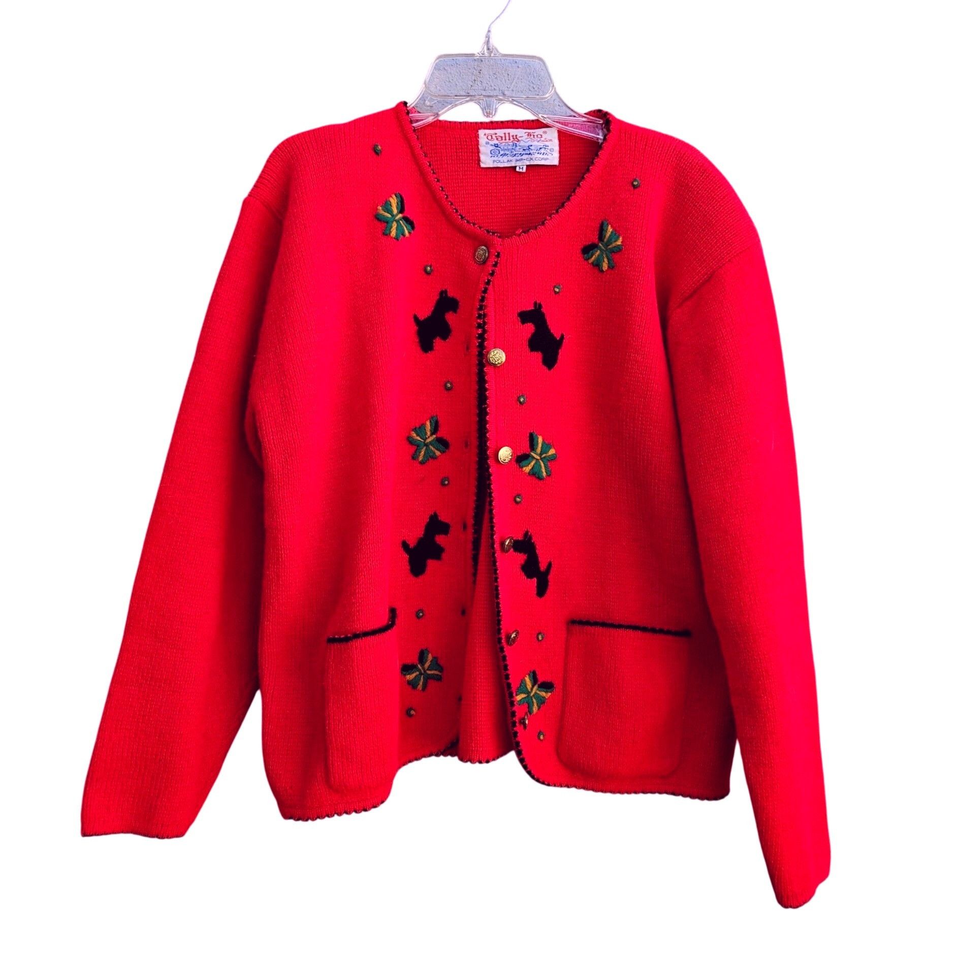 Vintage 80s Scottie Dog Cardigan Red Embroidered Knit Vintage Novelt Size M / US 6-8 / IT 42-44 - 1 Thumbnail