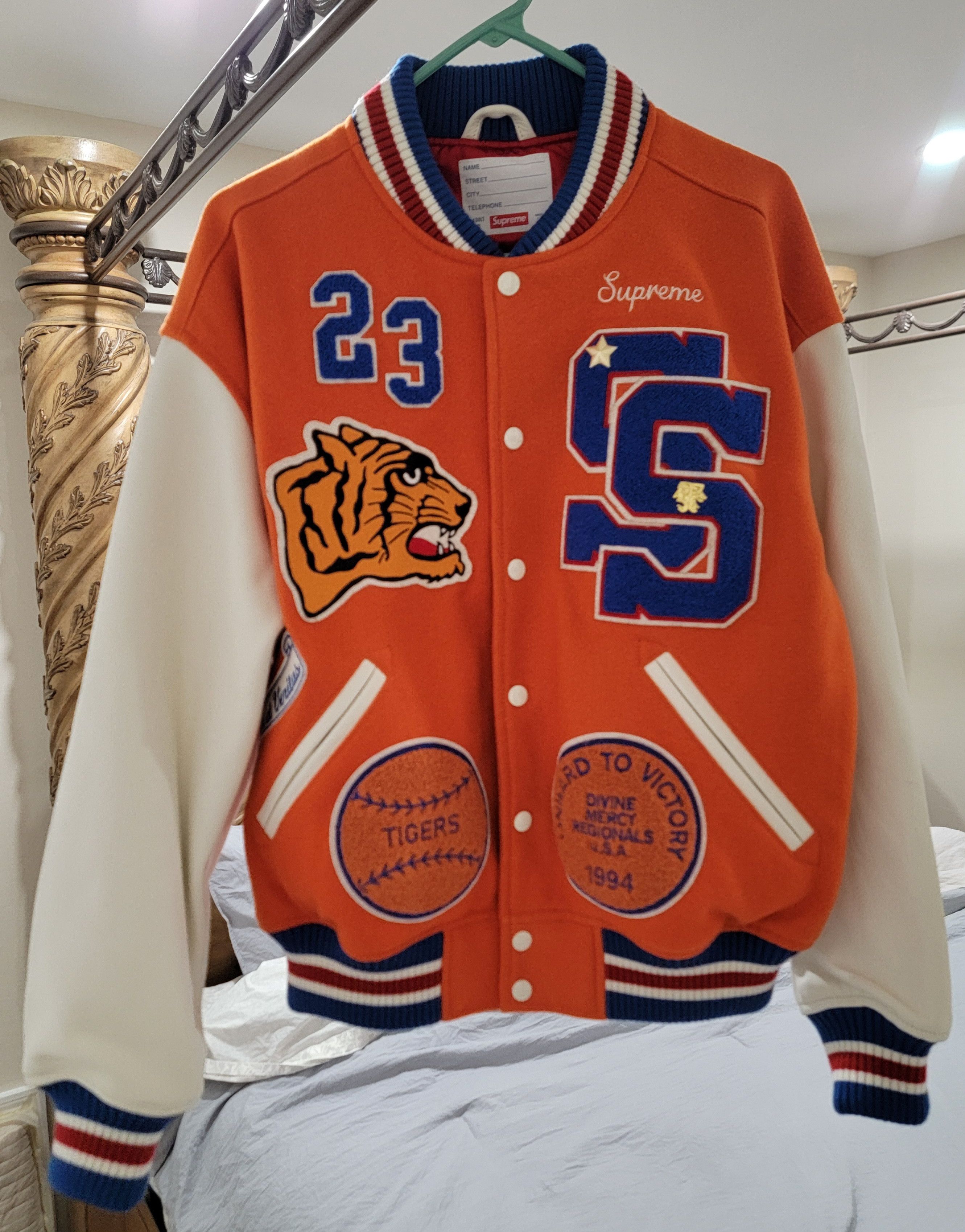 image of Authentic Supreme New York Fw23 Tiger Varsity Jacket Small in Orange, Men's