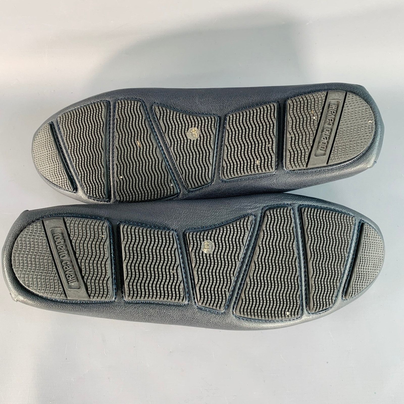 Roberto Cavalli 11.5 Navy Silver Logo Embroidery Leather Drivers Loafers Size US 11.5 / EU 44-45 - 6 Thumbnail