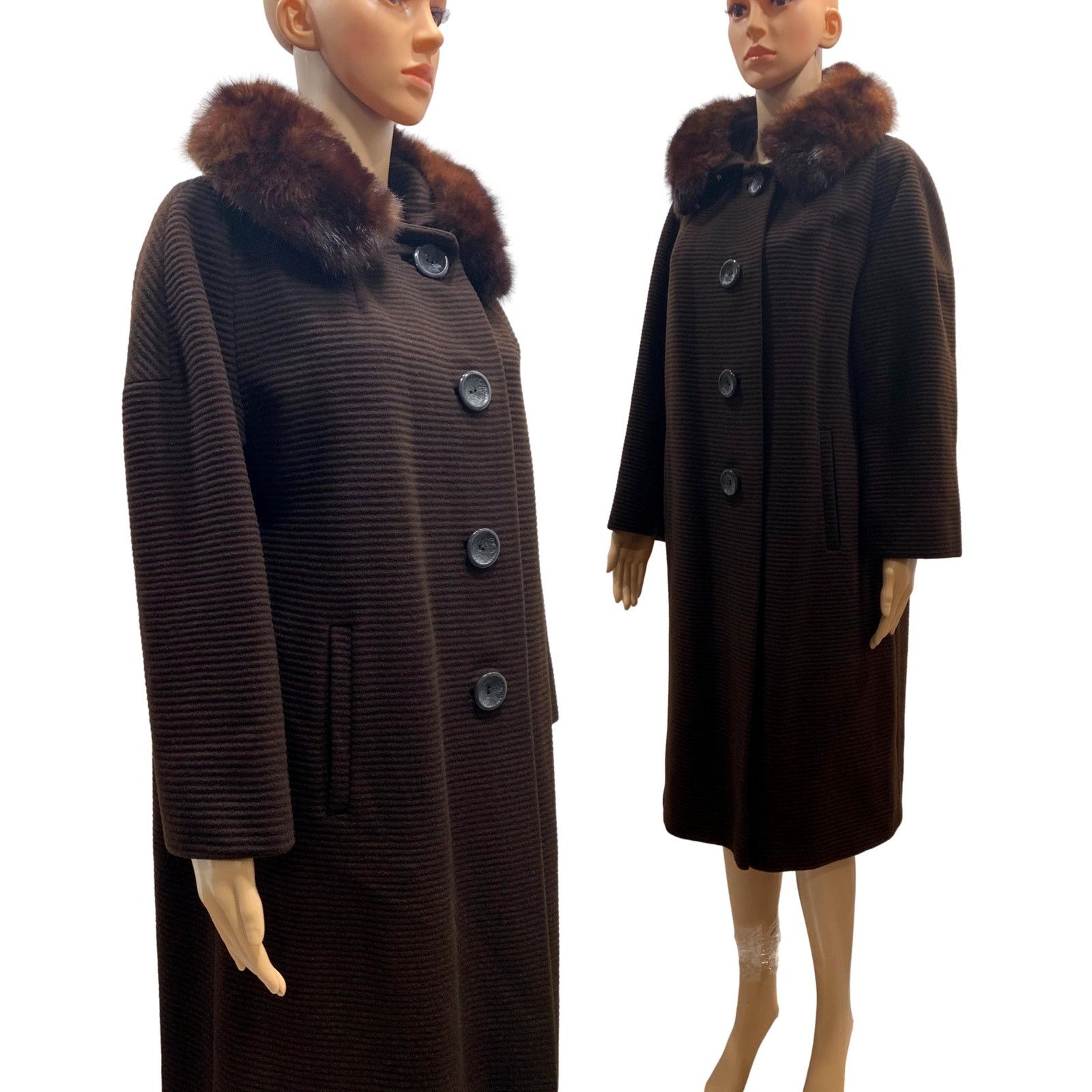 Vintage 60s Brown Ribbed Wool Coat w Mink Collar | Small Size S / US 4 / IT 40 - 6 Thumbnail