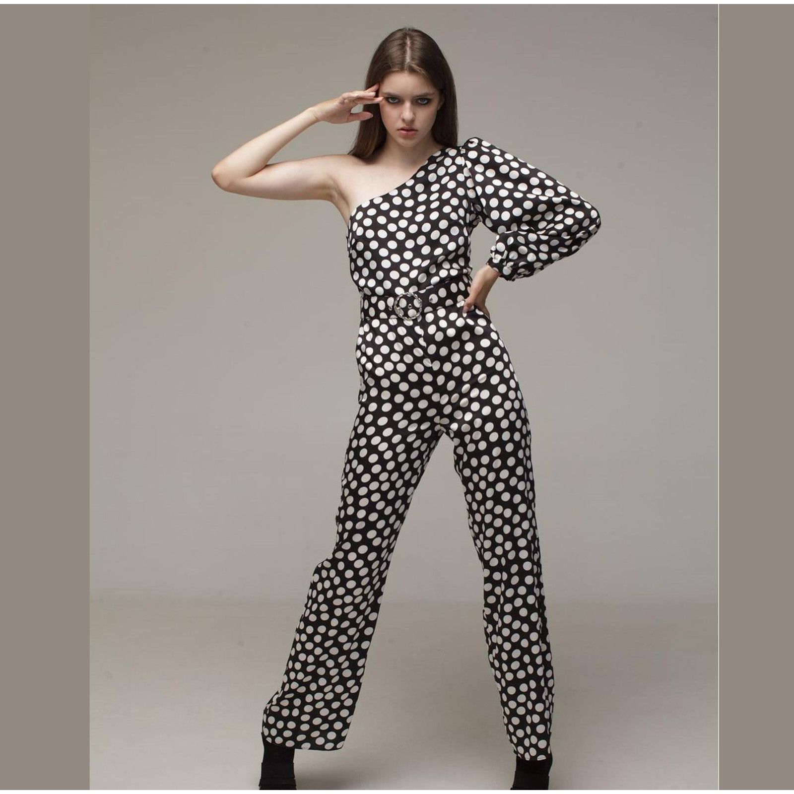 Mango Mango Polka Dot One Shoulder Jumpsuit Straight Leg NWT Size 30" / US 8 / IT 44 - 18 Thumbnail