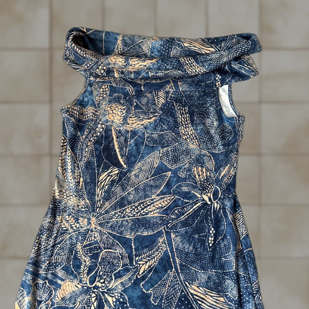 Ralph Lauren Ralph Lauren Dress Womens S Blue Floral Tribal Stretch Cotton Jersey Cowl Neck A-Line Long Sleeveless 70s 80s 90s Womens Size S / US 4 / IT 40 - 1 Thumbnail