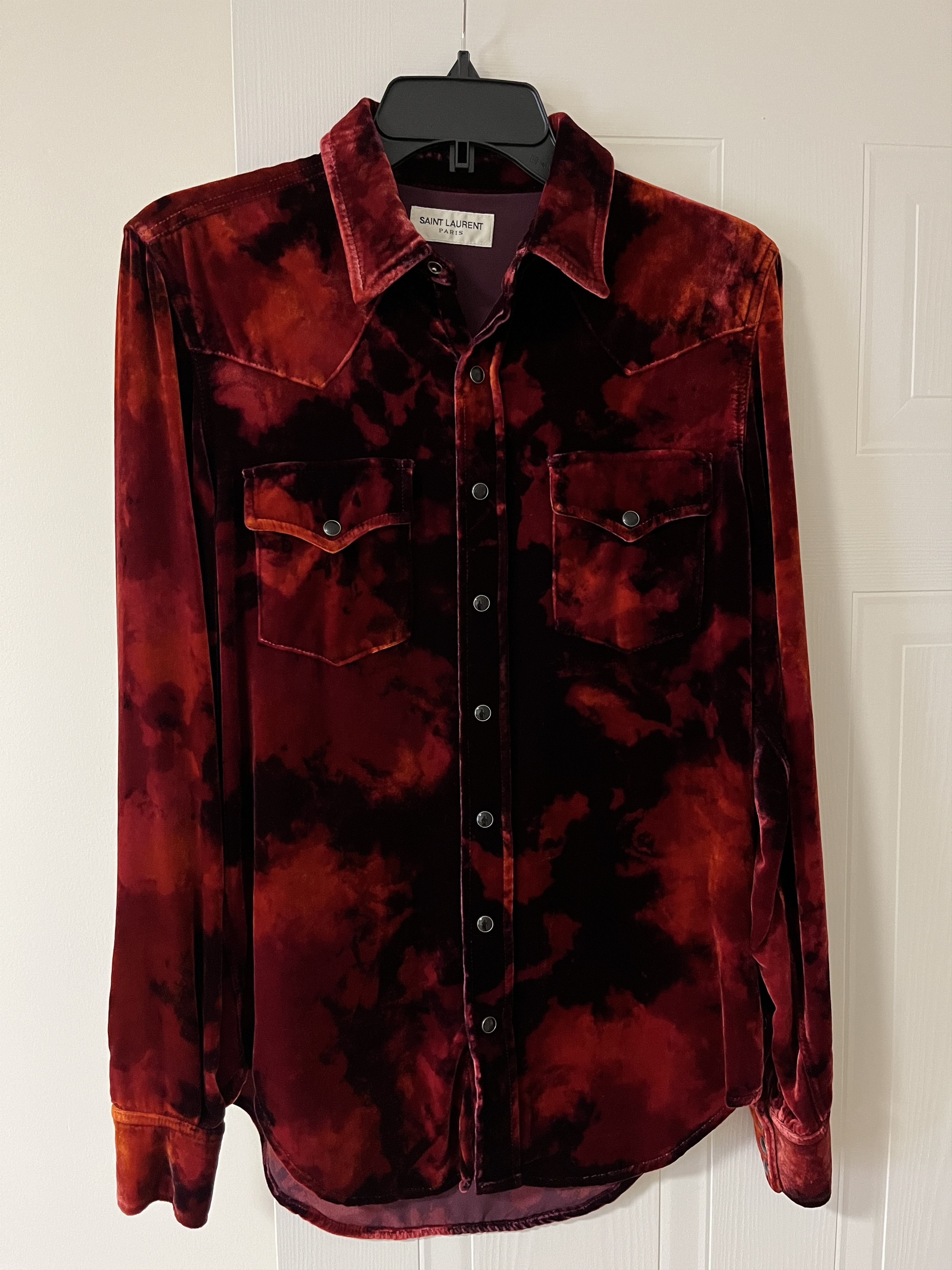 image of Saint Laurent Paris Saint Laurent Bleached Velvet Western Shirt in Red, Men's (Size Small)