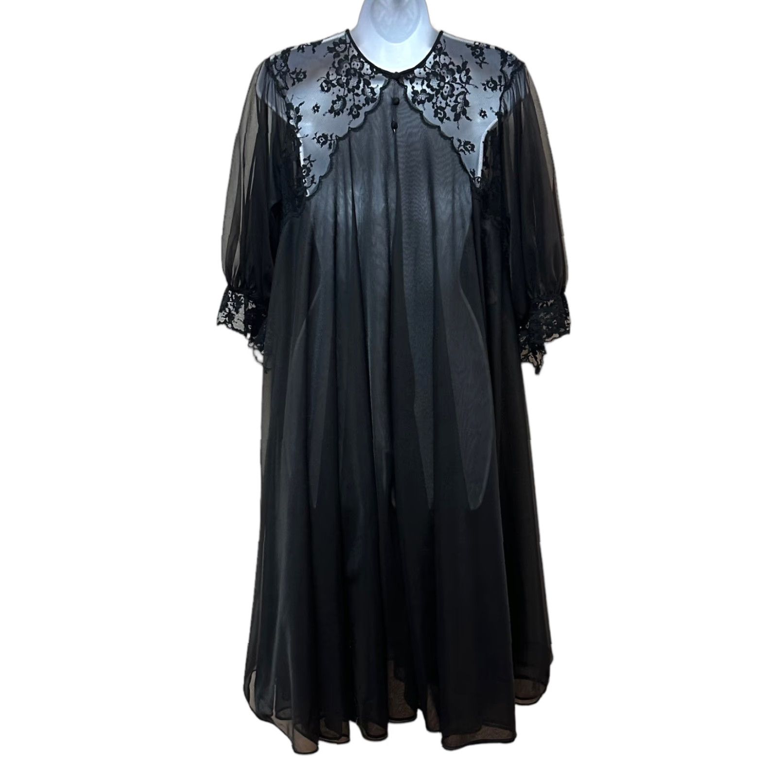 Doublet VINTAGE Eyeful Nightgown Adult M Black Nylon Lace Full Sweep Chiffon Double Layer Size ONE SIZE - 1 Thumbnail