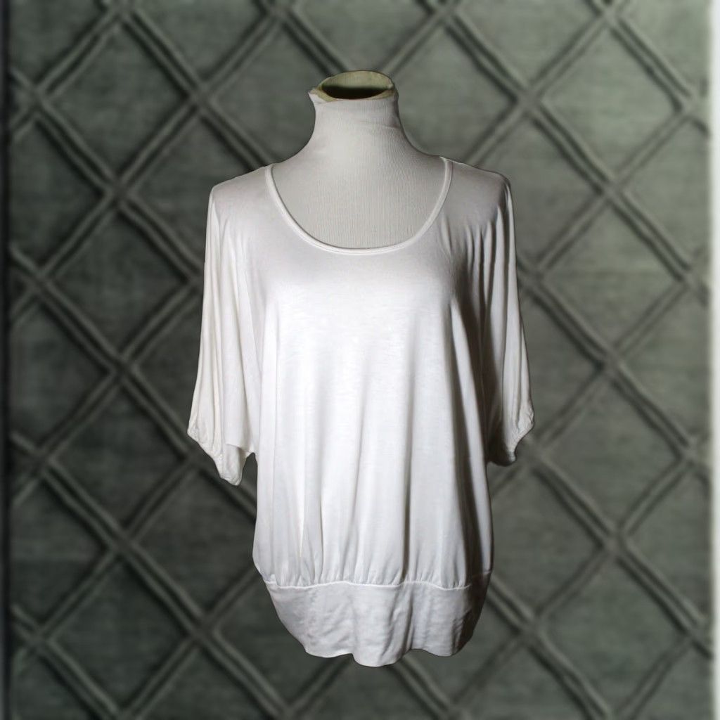Vintage Eight Sixty White Rayon Stretch Top XL Blouse Women Regular Short Sleeve Wear Dressy Casual 95% Rayon 5% Spandex Knit Boat Neck Knit Top Size XL / US 12-14 / IT 48-50 - 1 Thumbnail