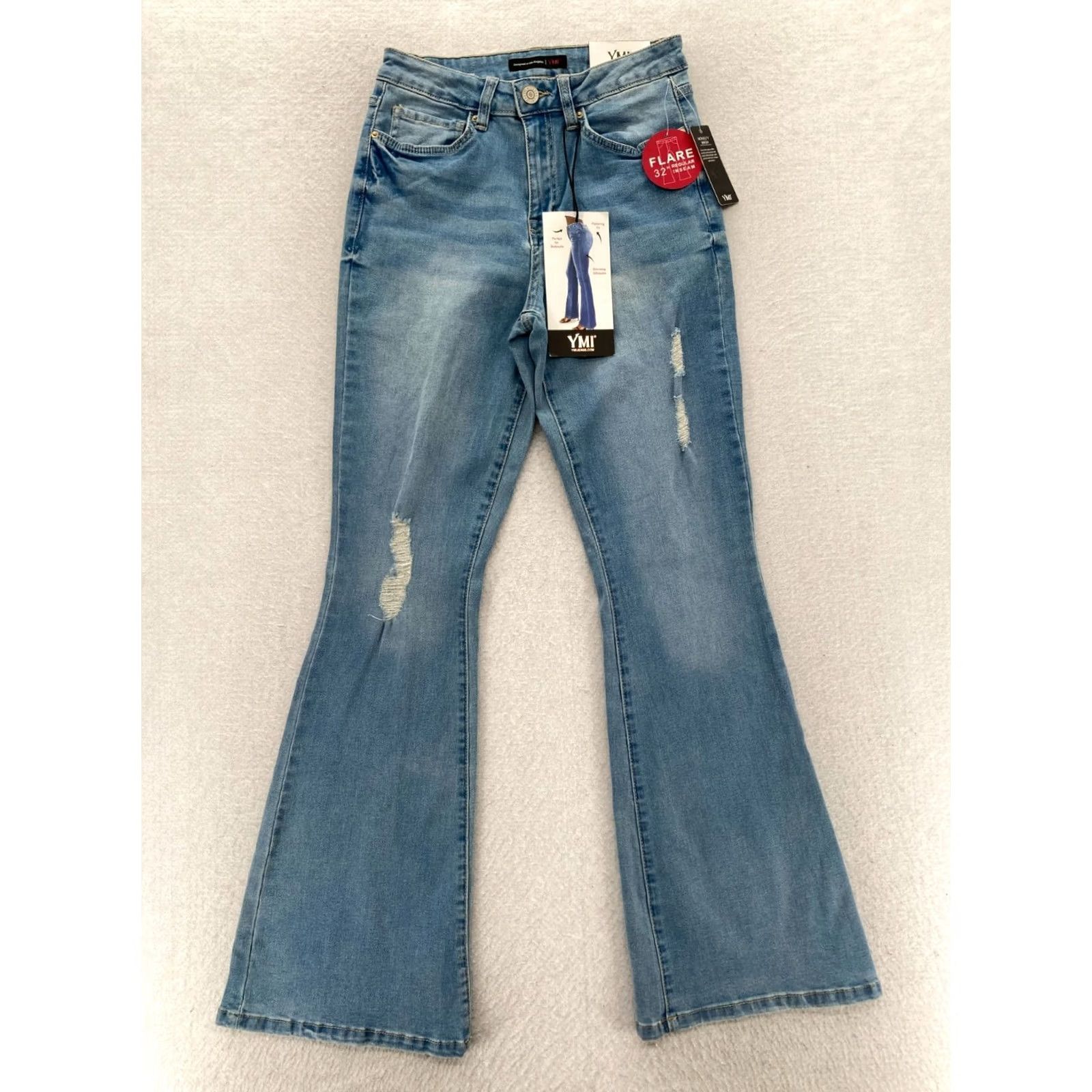Vintage YMI Jeans Women's Flared Leg High Rise Medium Wash Blue Denim Distressed 7/28 Jeans Womens Size 28 (Regular) Blue Cotton Polyester Denim Size 28" / US 6 / IT 42 - 2 Thumbnail