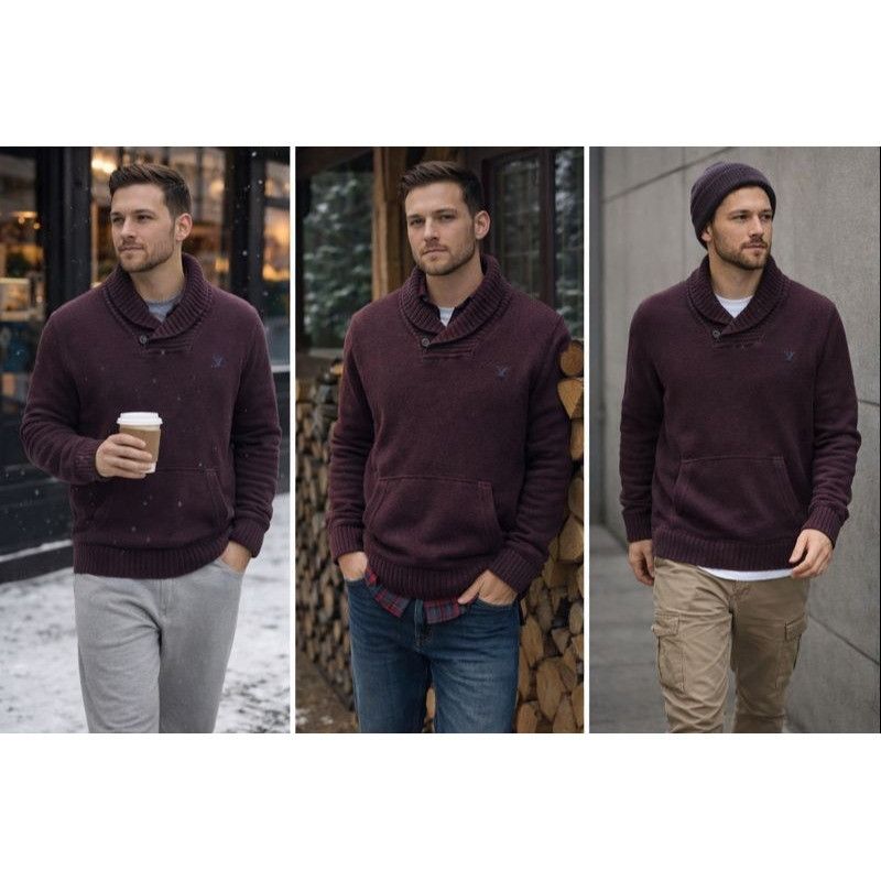 American Eagle Outfitters VTG AE Men Shawl Collar Sweater Maroon L Cabincore Streetwea Size US L / EU 52-54 / 3 - 1 Thumbnail