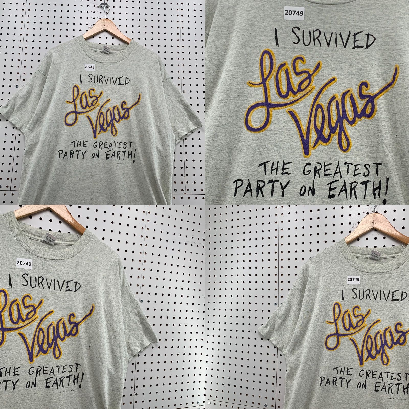 Fruit Of The Loom VINTAGE Las Vegas 90s Survived Shirt Mens XL Gray USA Single Stitch Fruit of the Loom T-Shirt Size US XL / EU 56 / 4 - 8 Thumbnail