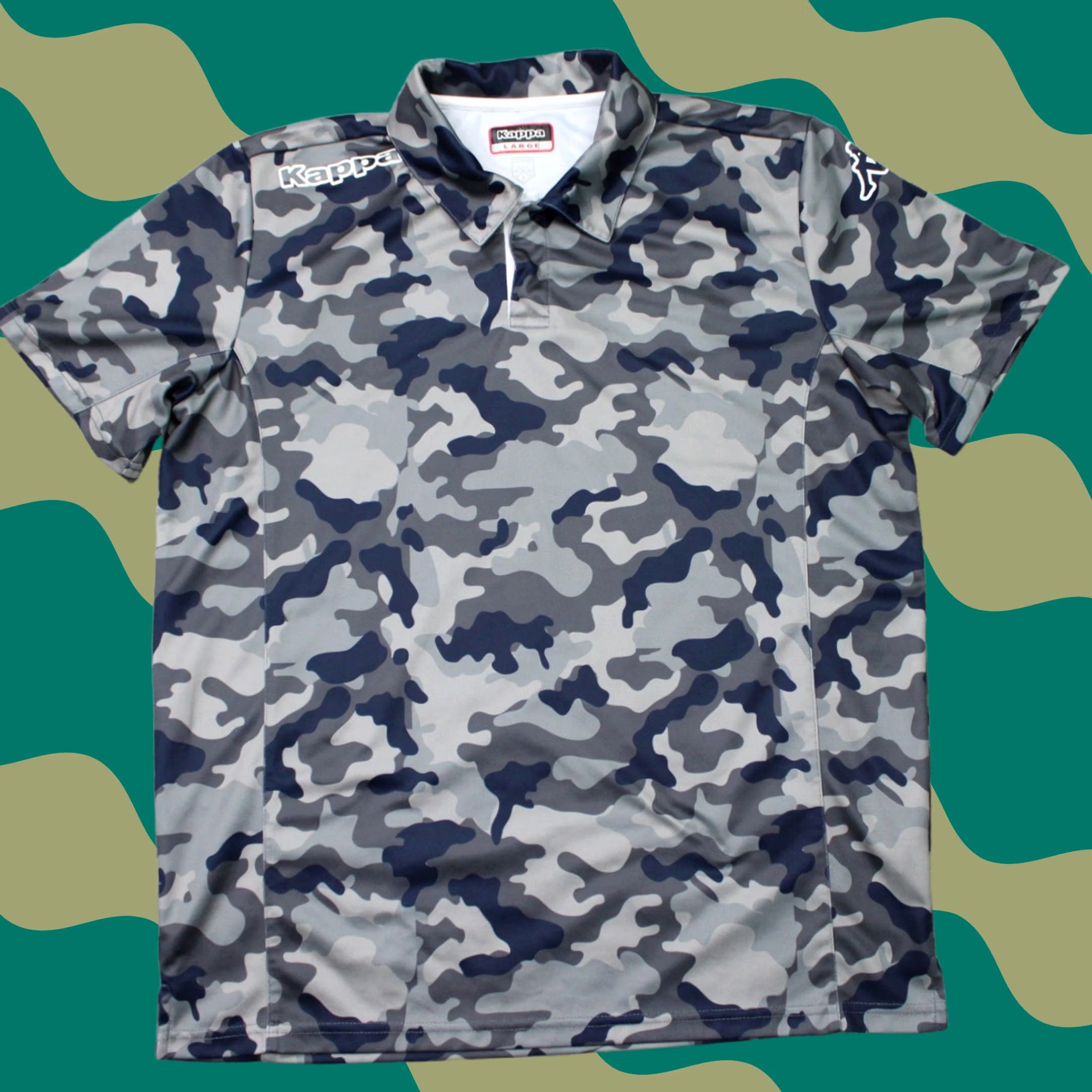 Kappa Kappa Polo Shirt Mens Large Blue/Gray Camouflage Short Sleeve 100% Polyester Pullover Polo Shirt 10 Size US L / EU 52-54 / 3 - 1 Thumbnail