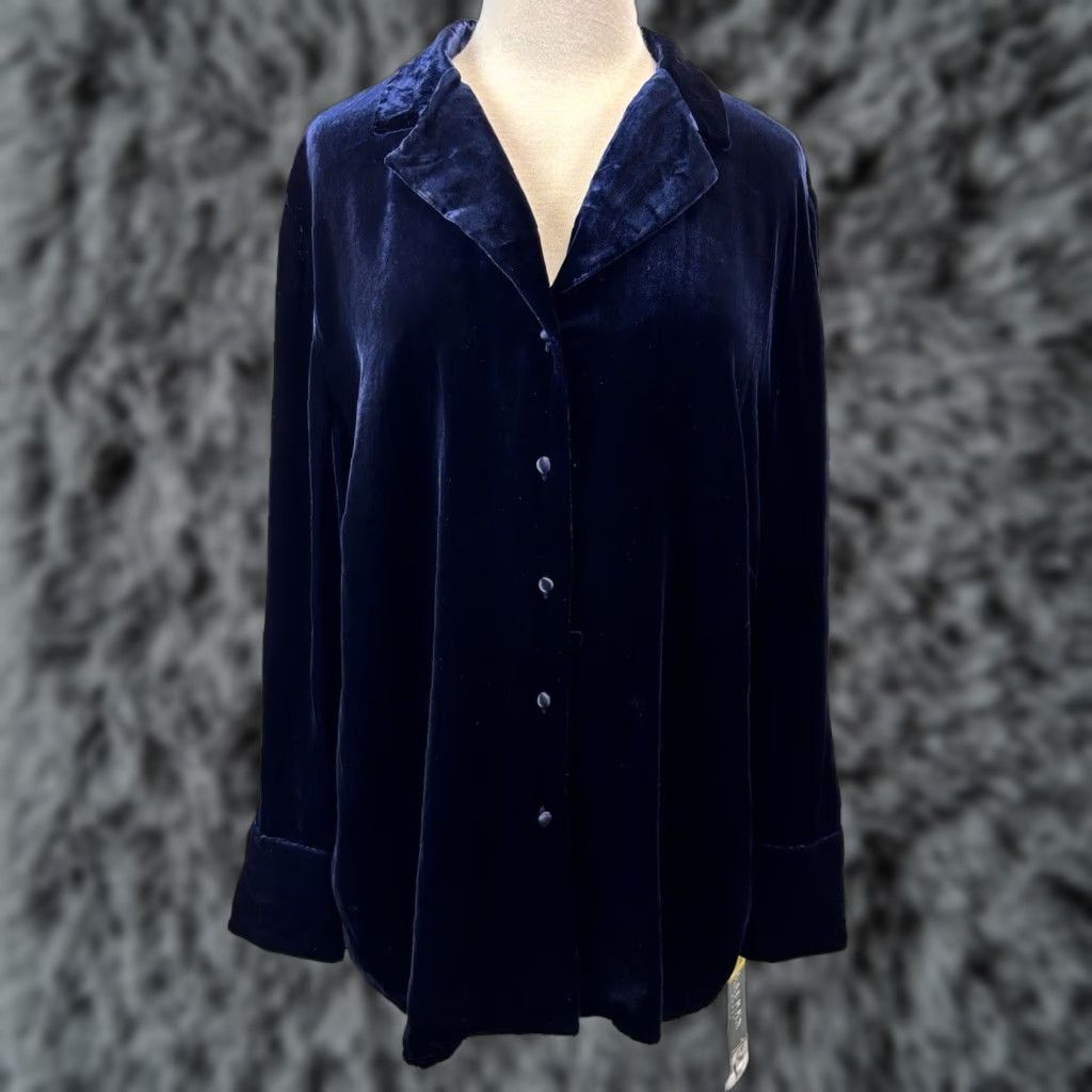 Ralph Lauren VINTAGE Lauren Ralph Lauren Velvet Tunic Top Womens Plus Size 18W Blue Long Sleeve Collared Blouse Casual Party Winter Size XXL / US 16-18 / IT 52-54 - 1 Thumbnail