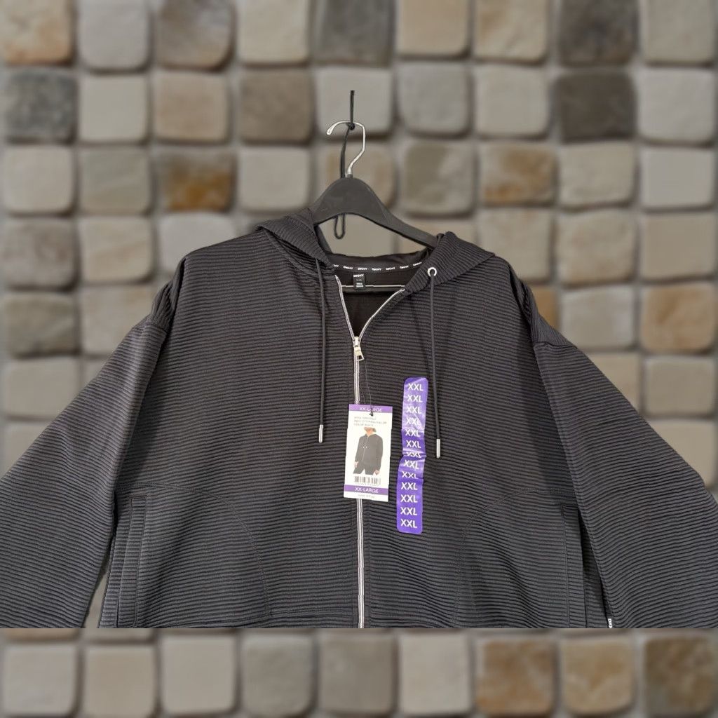 DKNY DKNY Ottoman Full-Zip Hoodie Womens Size 2XL Black Pockets Logo NWT Ribbed Stretch Full Zip Hooded Lined Size XXL / US 16-18 / IT 52-54 - 1 Thumbnail