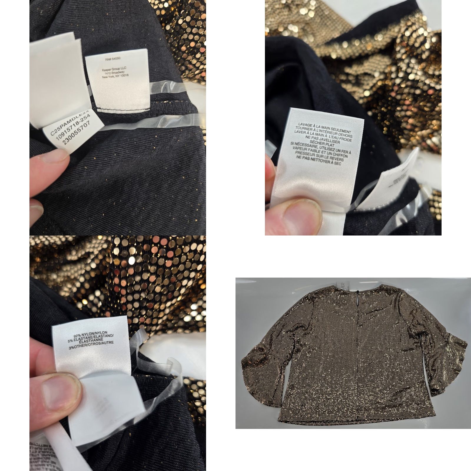 Kasper Kasper Blouse - Women’s Shine Dot Ruffle SLV - Black/Gold - Petite XL - 3/4 Sleeve - Round Neck - Pullover - NWT Size XL / US 12-14 / IT 48-50 - 8 Thumbnail
