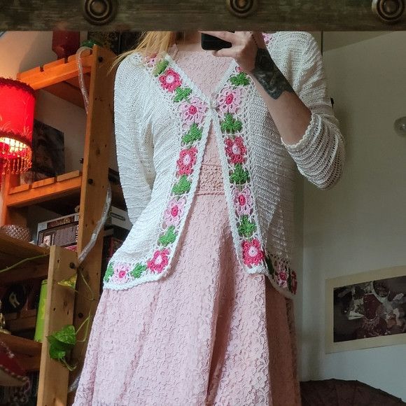 Vintage Vintage 90s crochet floral sheer cardigan handmade size m Size M / US 6-8 / IT 42-44 - 2 Thumbnail