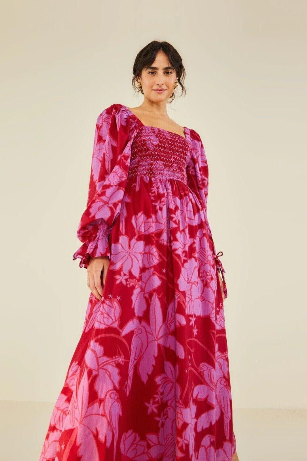 image of Farm Rio Anthropologie Living Nature Maxi Dress Xs 259717 in Burgundy, Women's