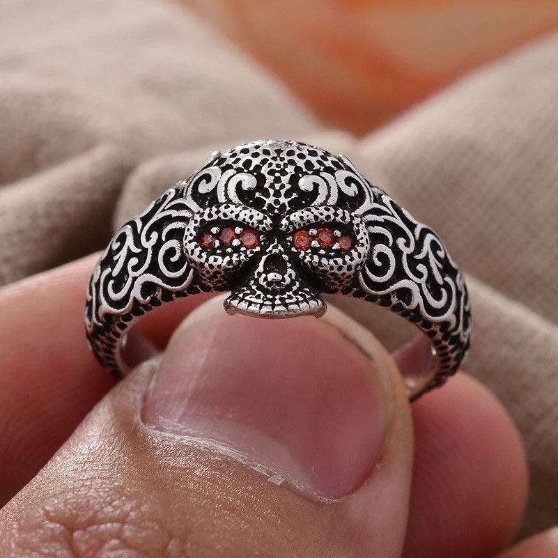 Jewelry Carved Flower Skeleton Head Ring Size ONE SIZE - 1 Thumbnail