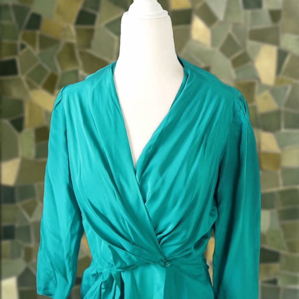 Altea VINTAGE Argenti teal green Silk long sleeve wrap dress 4P Petite 1990s Cocktail Knee Length Womens Size S / US 4 / IT 40 - 1 Thumbnail