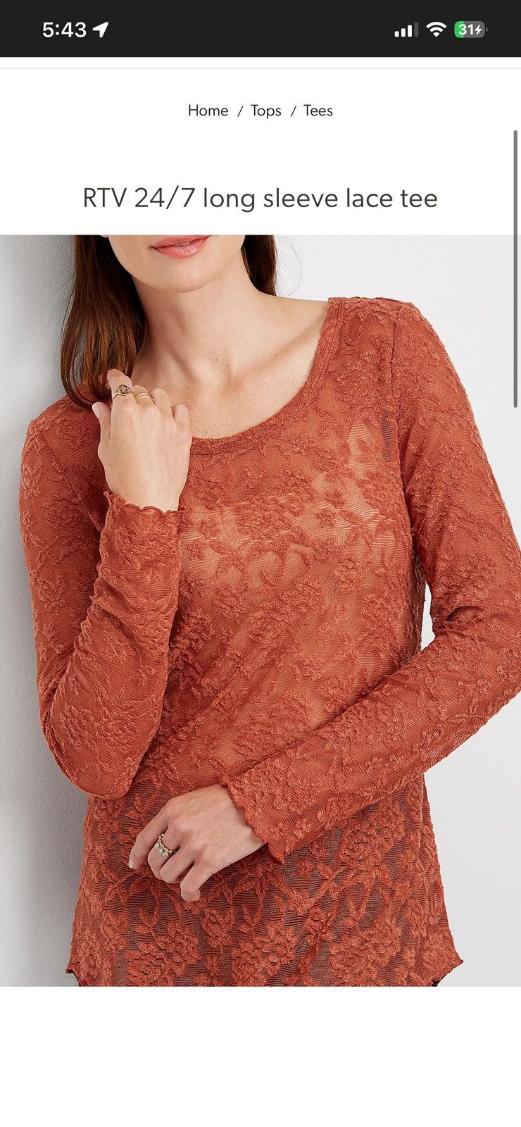 Other Maurices Rust RTV 24/7 Long Sleeve Lace Tee Size L / US 10 / IT 46 - 2 Thumbnail