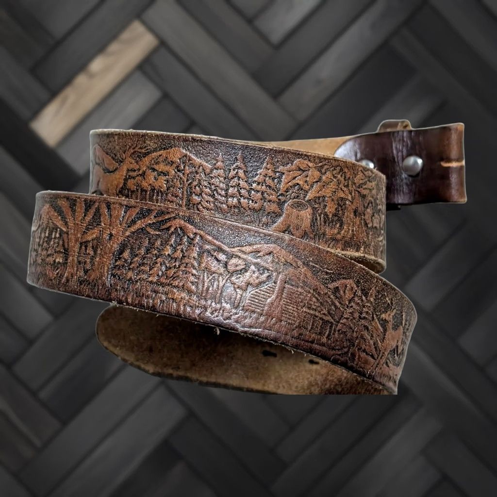 Vintage VINTAGE Handcrafted western belt Tooled cowhide Full Grain Leather 38 1-1/2" brown deer buckle Men Leather Belt USA Made Size 38 - 1 Thumbnail