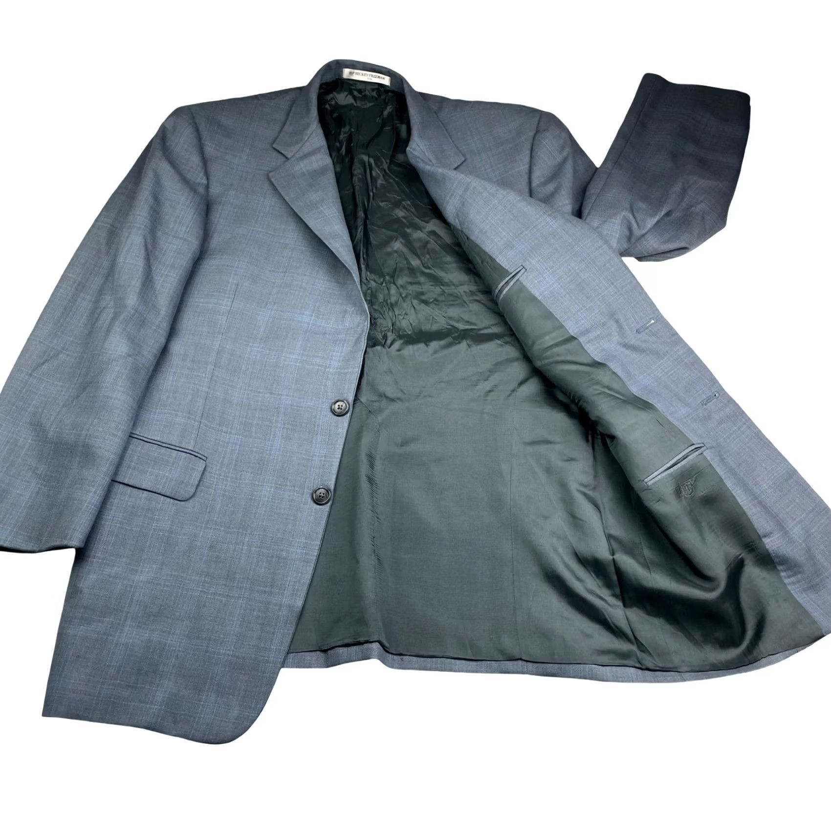Vintage Hickey Freeman Men’s Blazer 42 Regular Blue Windowpane Plaid 100% Wool Two-Button Closure Four-Button Cuff Notch Lapel Jacket Coat/Vest Men Size 42R - 3 Thumbnail