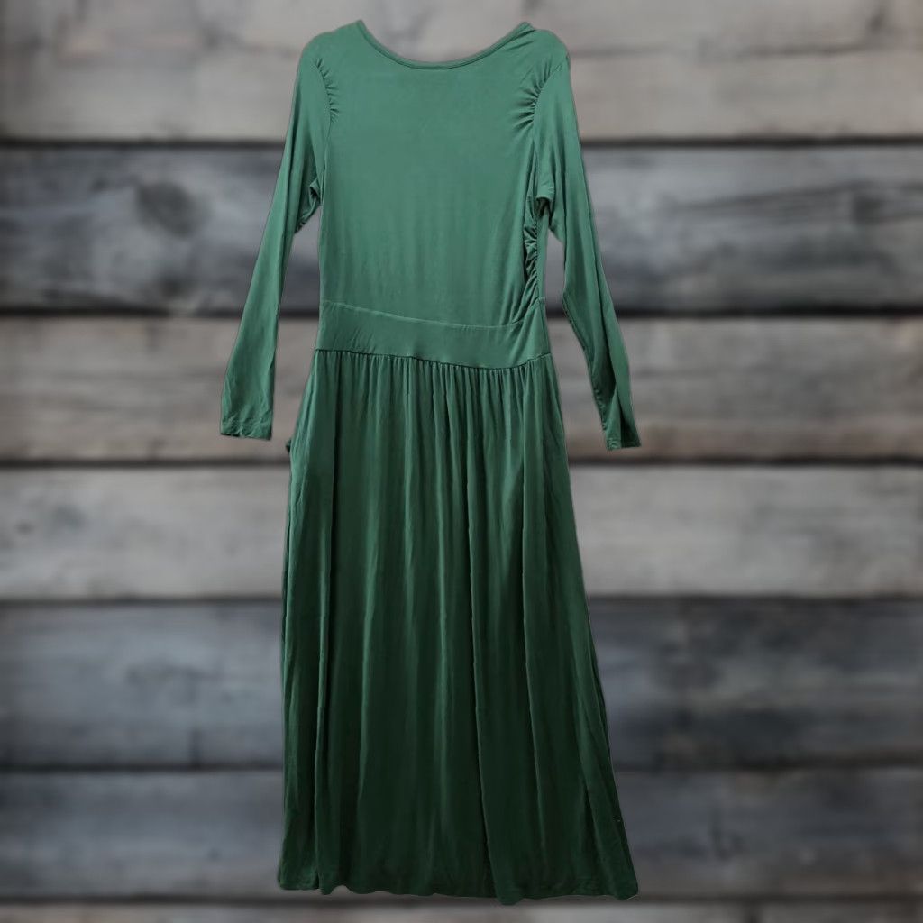Vintage Zesica Dress Womens L Forest Green Jersey Knit Maxi A-Line Long Sleeve Pullover Crew Neck Pockets Ruffle Holiday Casual Winter Spring Fall Size L / US 10 / IT 46 - 1 Thumbnail