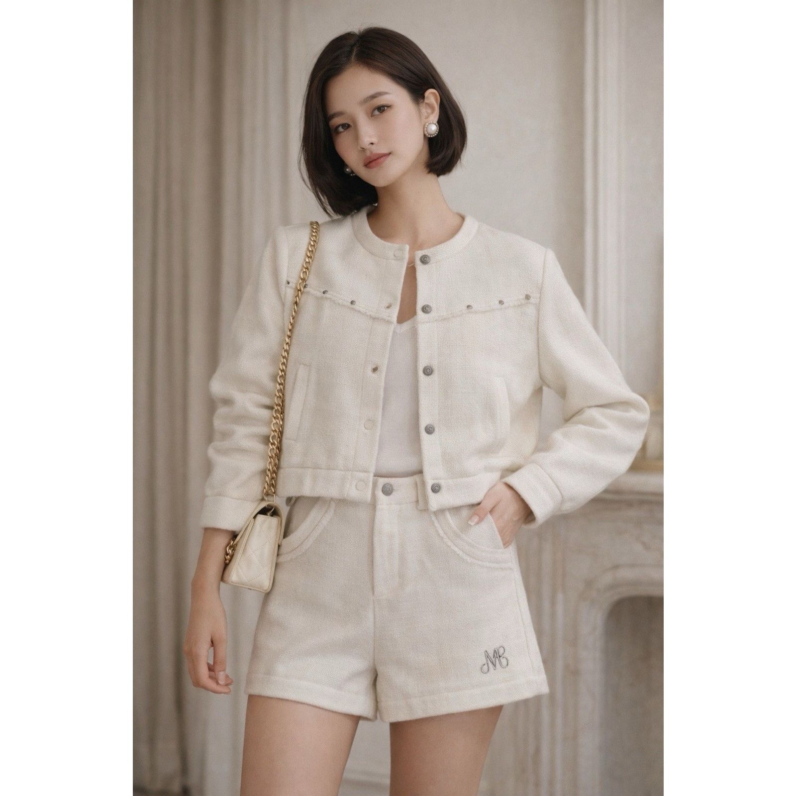 Other MACYMCCOY Ivory Studded Textured Cropped Jacket Shorts Set Size 26" / US 2 / IT 38 - 1 Thumbnail